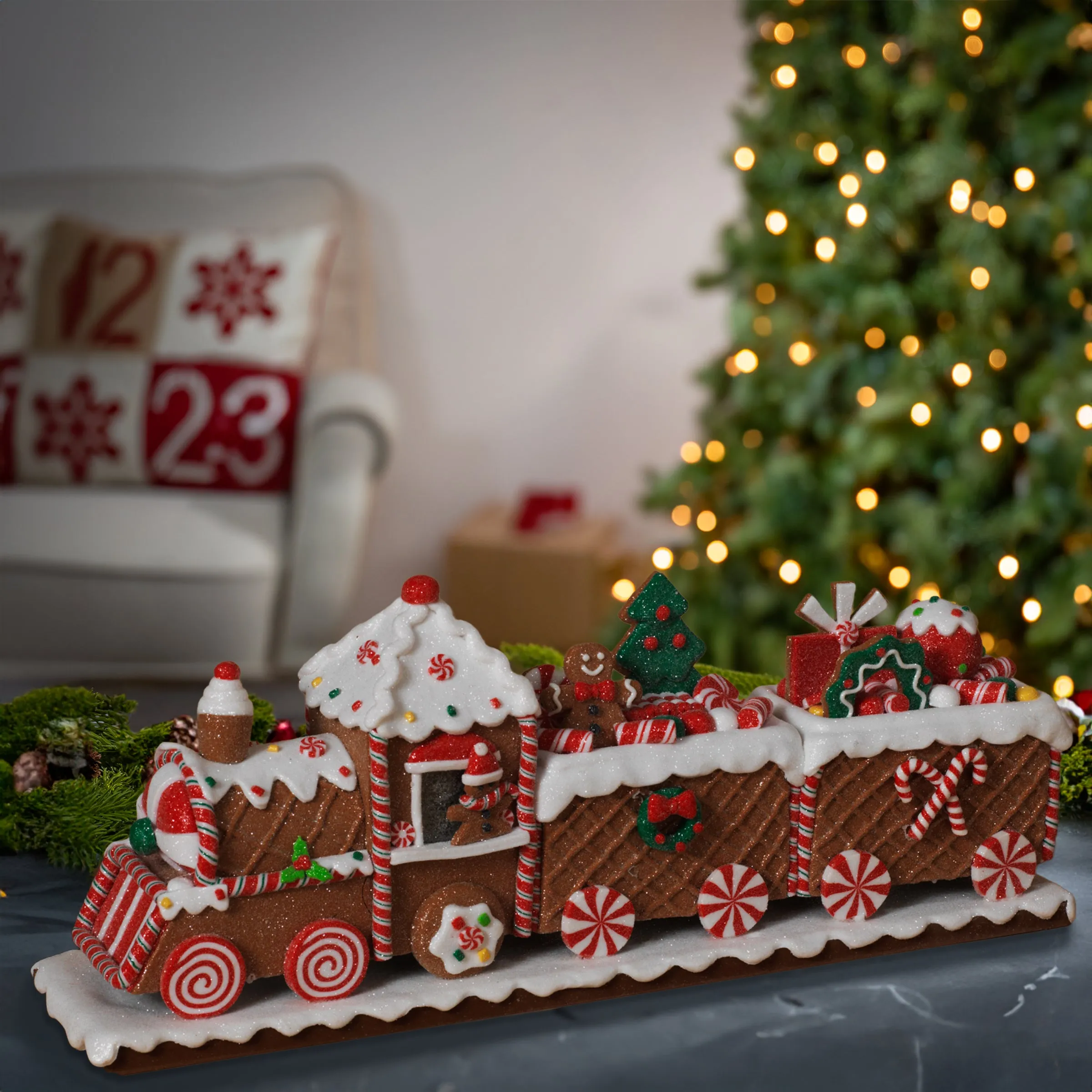19.5in L Whimsical Gingerbread Christmas Train Tabletop Accent
