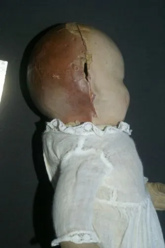 Antique French 1940 Baby Doll Hand Painted Face original Baptism Outfit Lace hat & CREATED DURING THE SECOND WORLD WAR