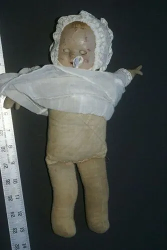 Antique French 1940 Baby Doll Hand Painted Face original Baptism Outfit Lace hat & CREATED DURING THE SECOND WORLD WAR