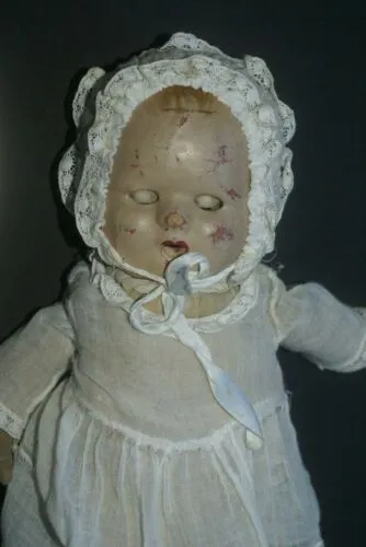 Antique French 1940 Baby Doll Hand Painted Face original Baptism Outfit Lace hat & CREATED DURING THE SECOND WORLD WAR