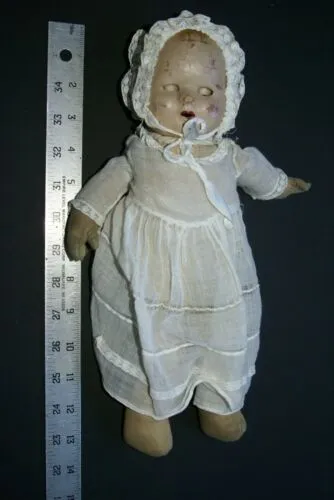 Antique French 1940 Baby Doll Hand Painted Face original Baptism Outfit Lace hat & CREATED DURING THE SECOND WORLD WAR