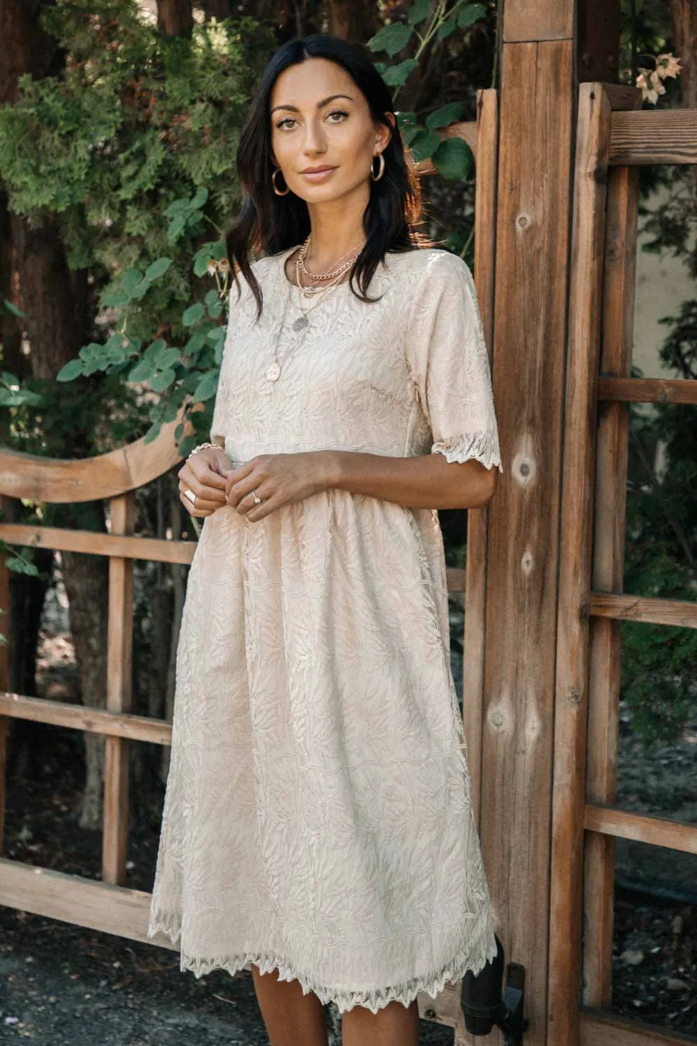 Babydoll Short Sleeve Lace Midi Dress