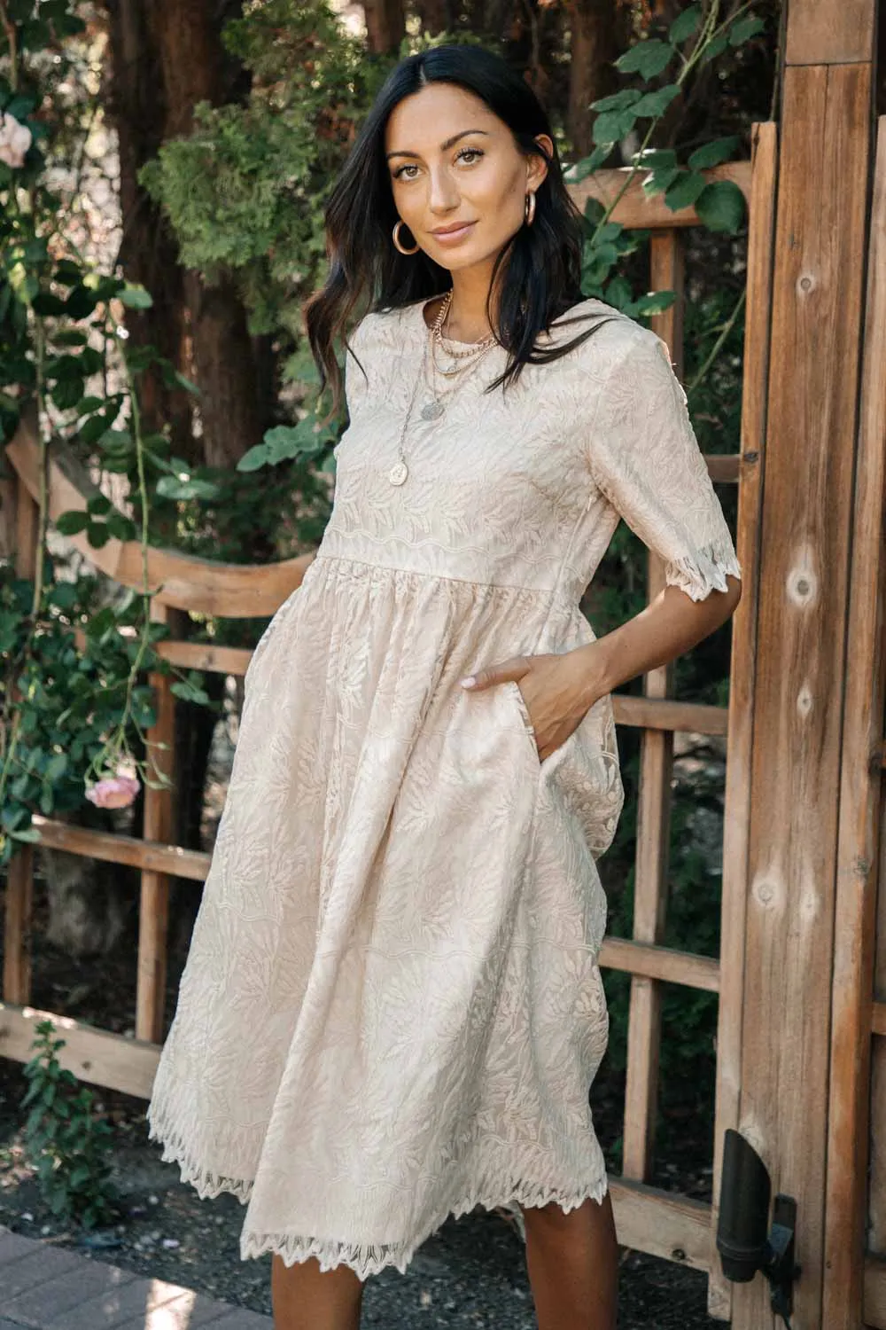 Babydoll Short Sleeve Lace Midi Dress