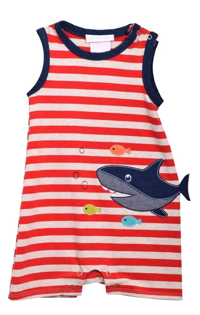 Bonnie Jean Red and White Striped Shortall Shorts Set with Shark Applique