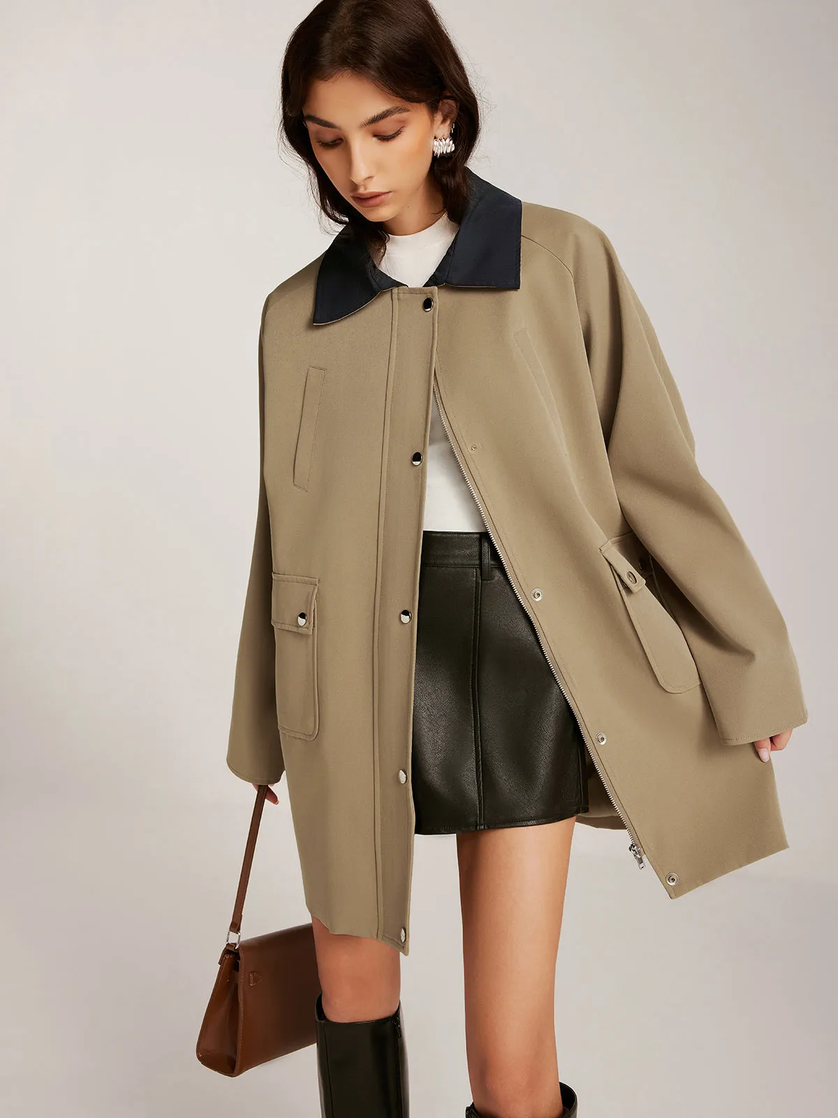 Chicmy-Winter Outfits Christmas Thanksgiving Gift New Year's Eve Outfits Streetwear Fashion Contrast-Collar Zipper Loose Trench Coat