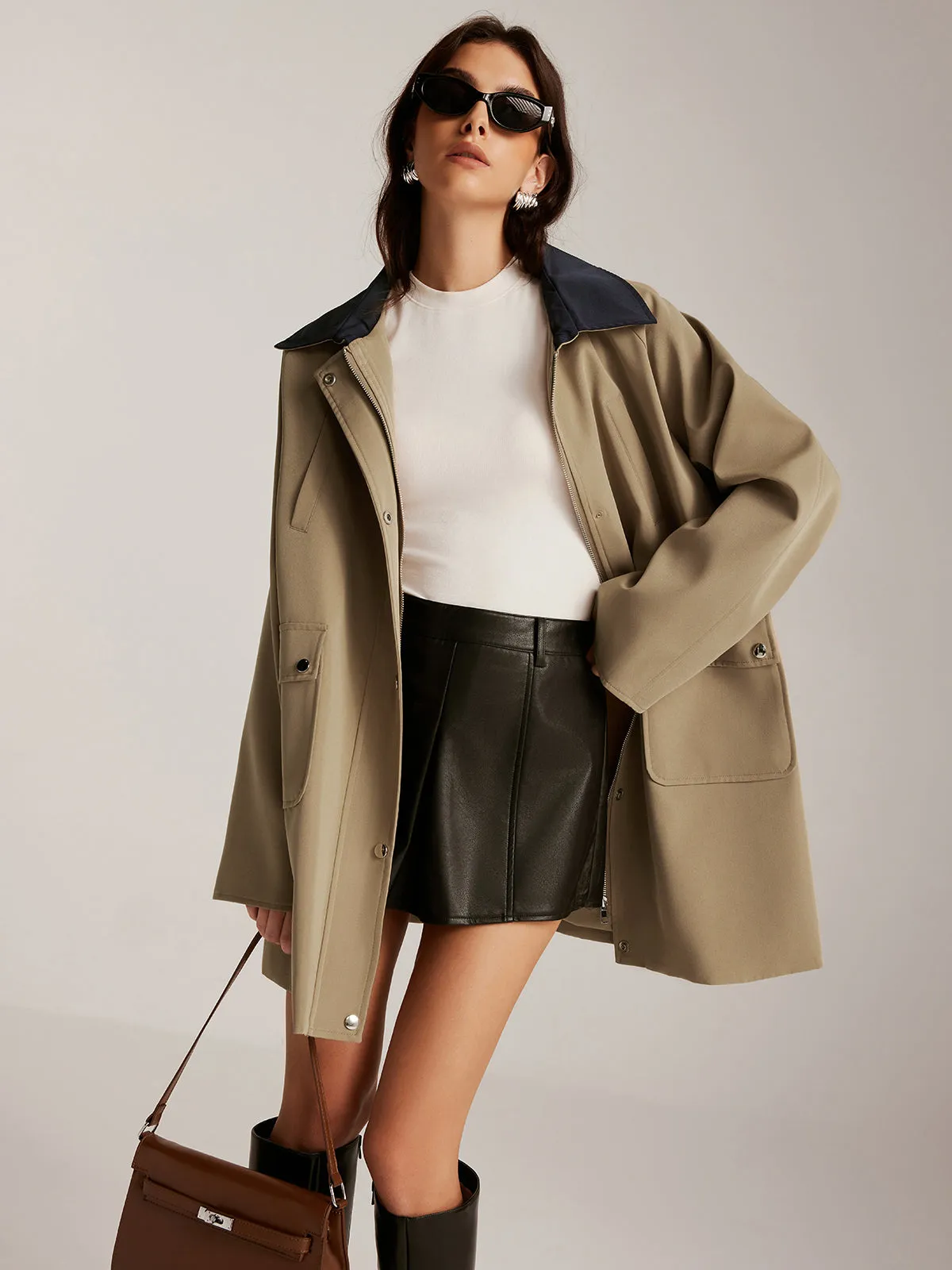 Chicmy-Winter Outfits Christmas Thanksgiving Gift New Year's Eve Outfits Streetwear Fashion Contrast-Collar Zipper Loose Trench Coat
