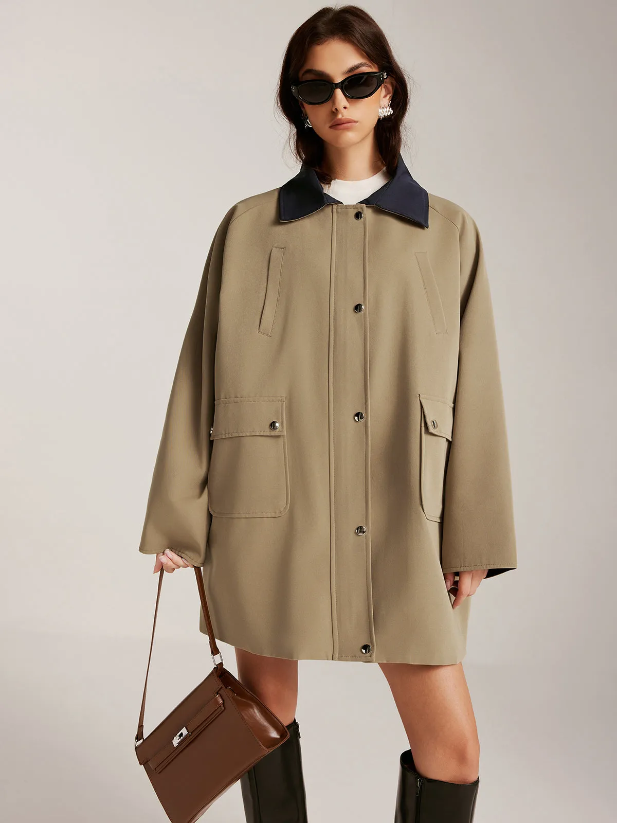 Chicmy-Winter Outfits Christmas Thanksgiving Gift New Year's Eve Outfits Streetwear Fashion Contrast-Collar Zipper Loose Trench Coat