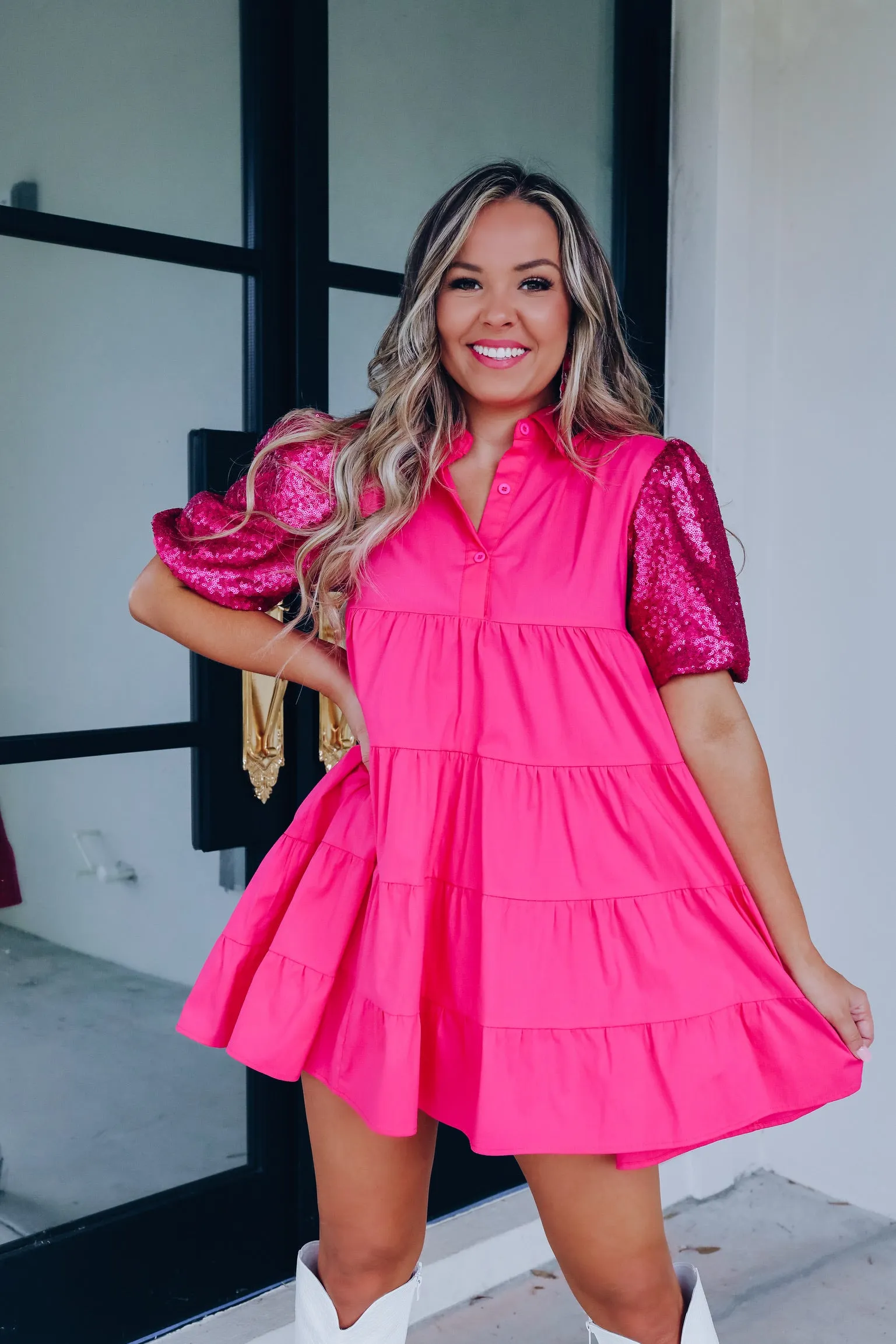Country Girl Sequin Puff Sleeve Dress - Pink