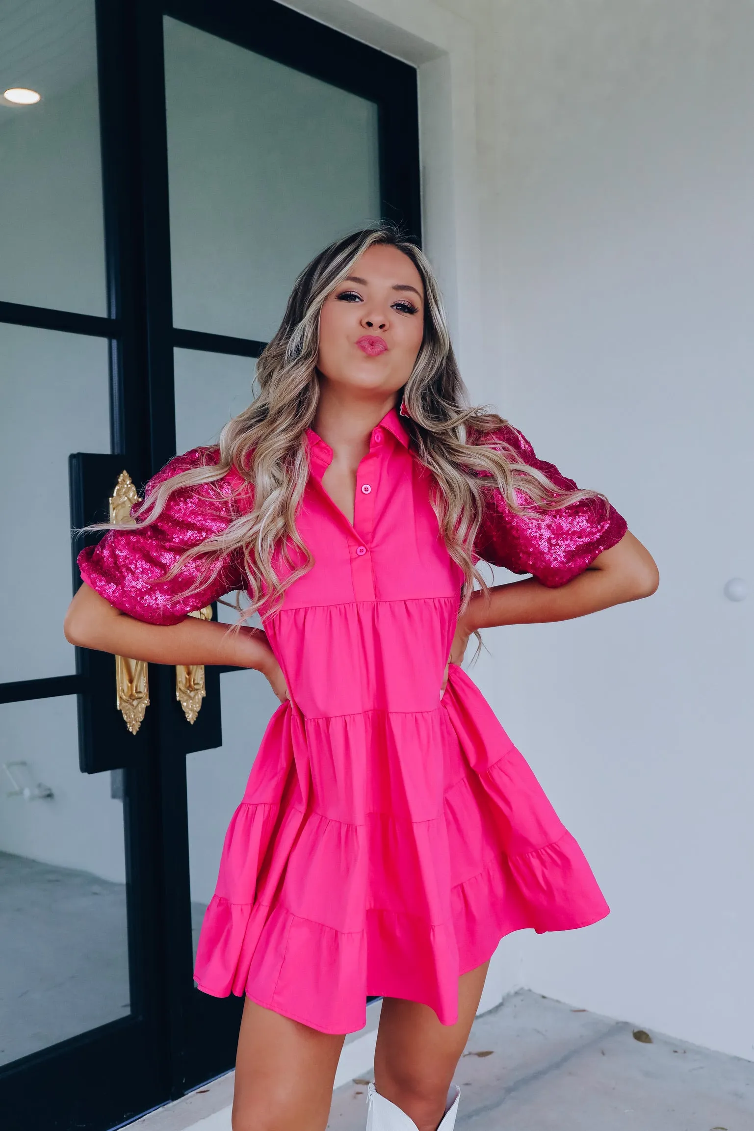 Country Girl Sequin Puff Sleeve Dress - Pink