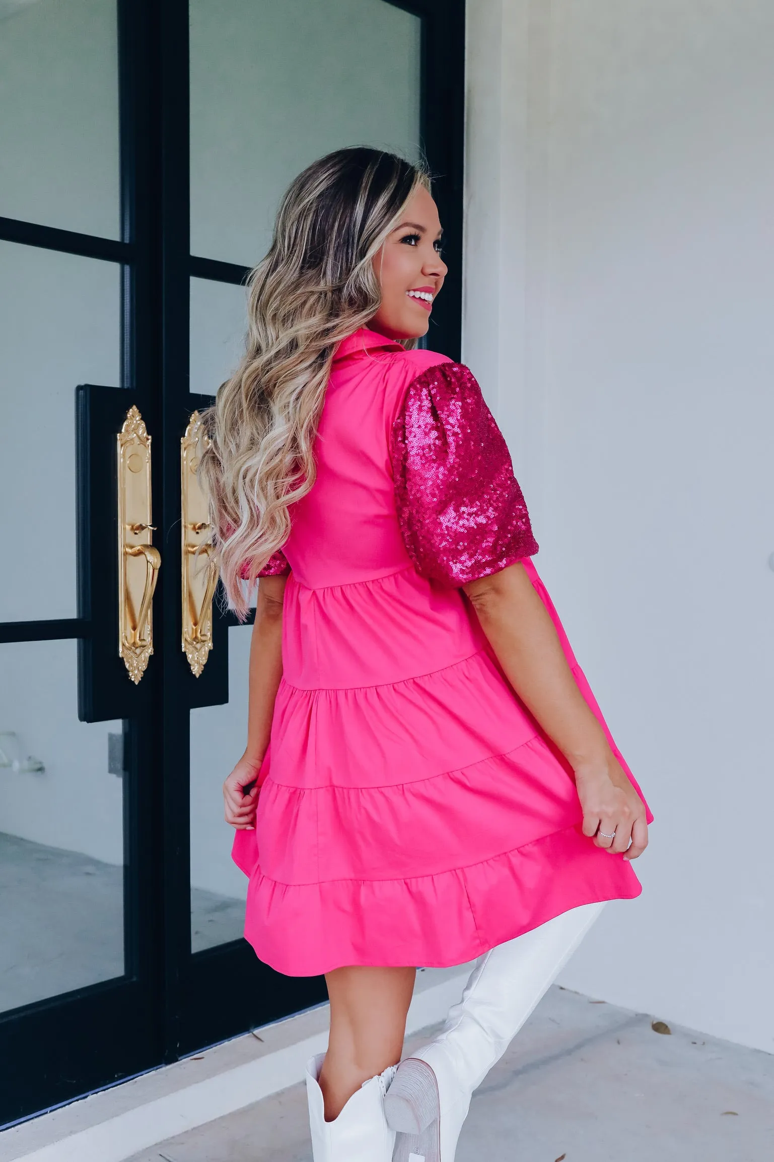 Country Girl Sequin Puff Sleeve Dress - Pink