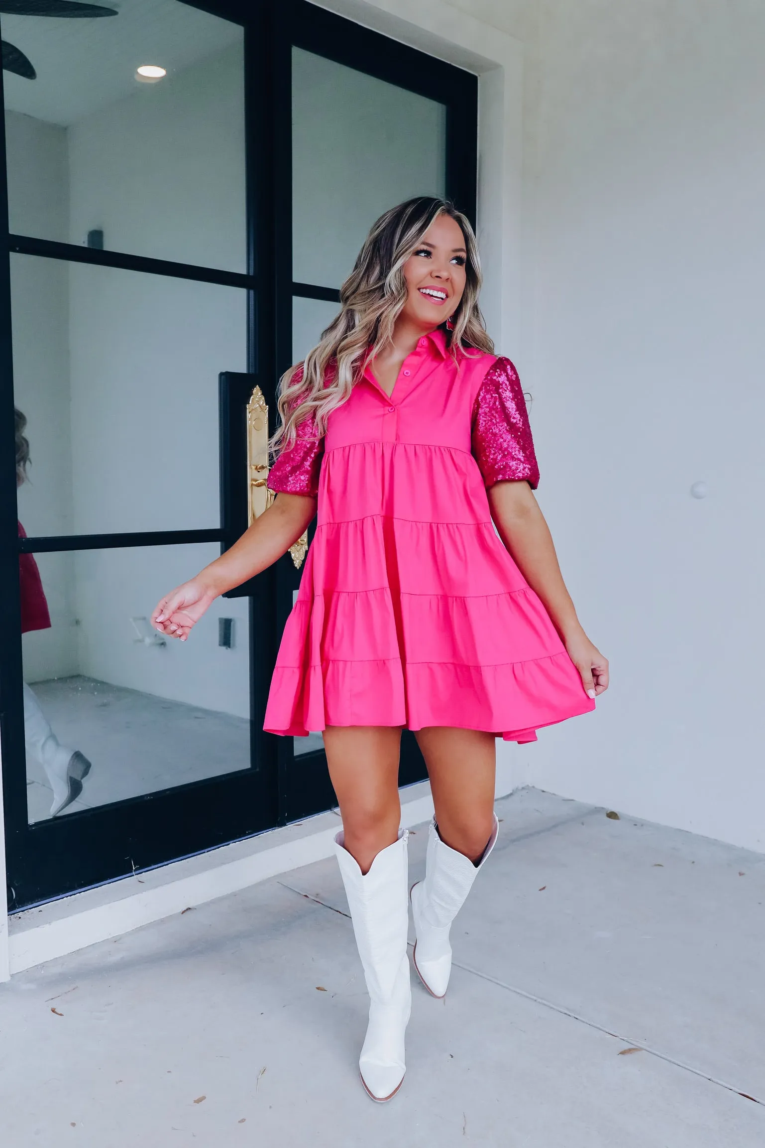 Country Girl Sequin Puff Sleeve Dress - Pink