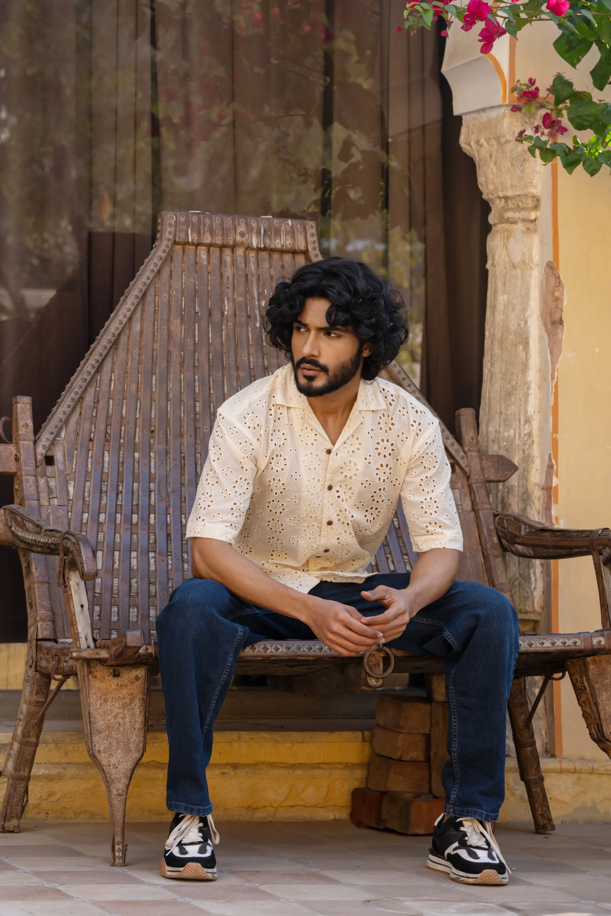 CUTWORK EMBROIDERY SHIRT IVORY OFF-WHITE WITH CUBAN COLLAR