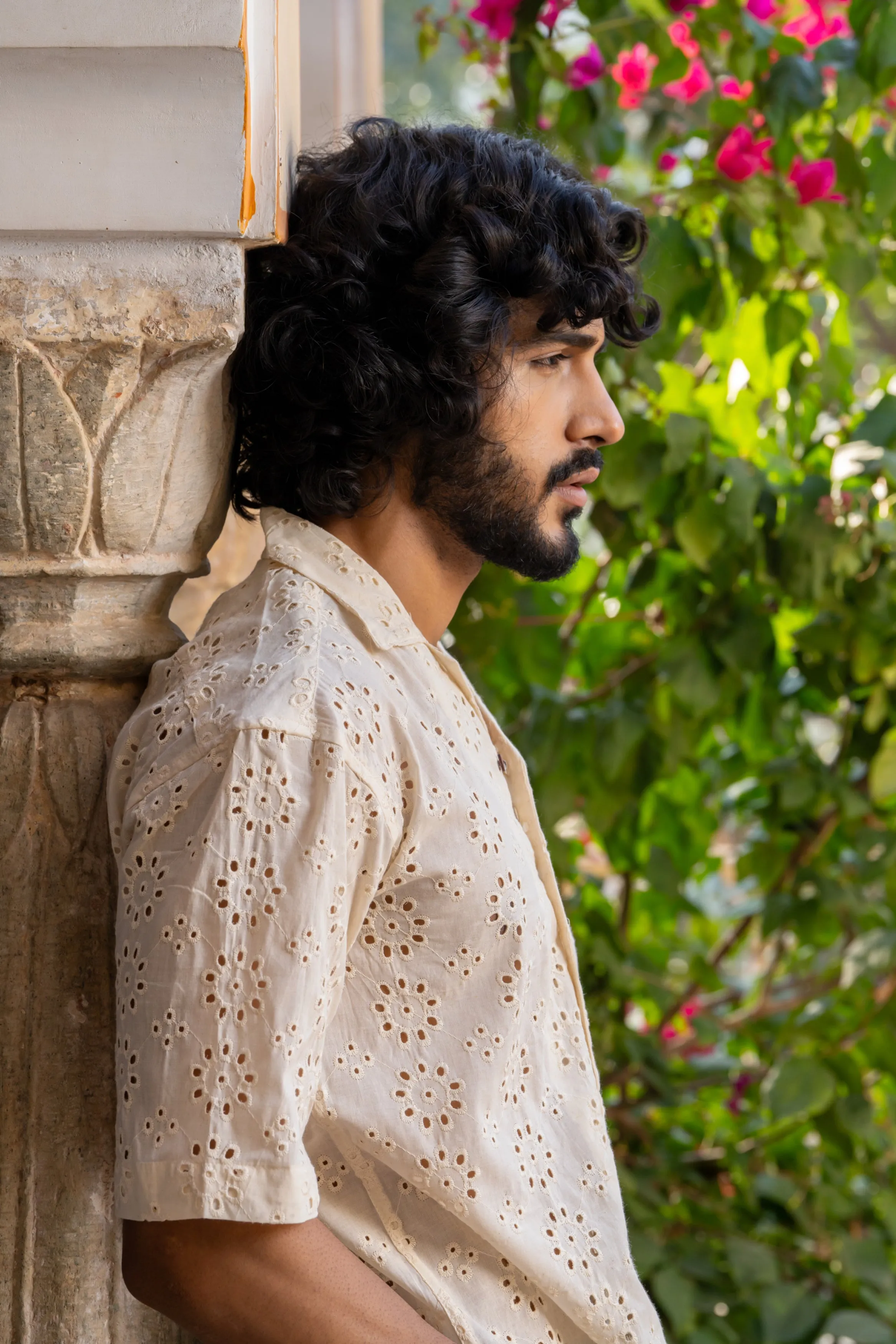 CUTWORK EMBROIDERY SHIRT IVORY OFF-WHITE WITH CUBAN COLLAR