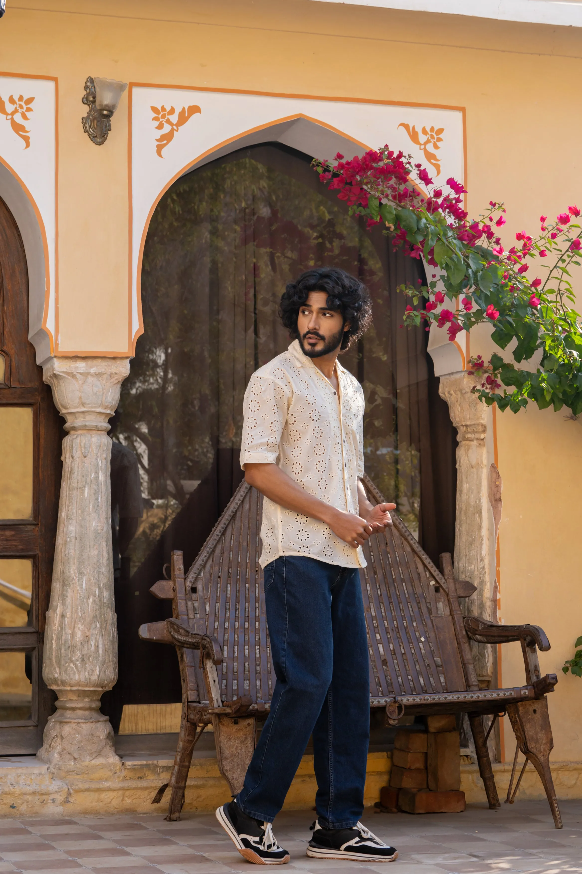 CUTWORK EMBROIDERY SHIRT IVORY OFF-WHITE WITH CUBAN COLLAR