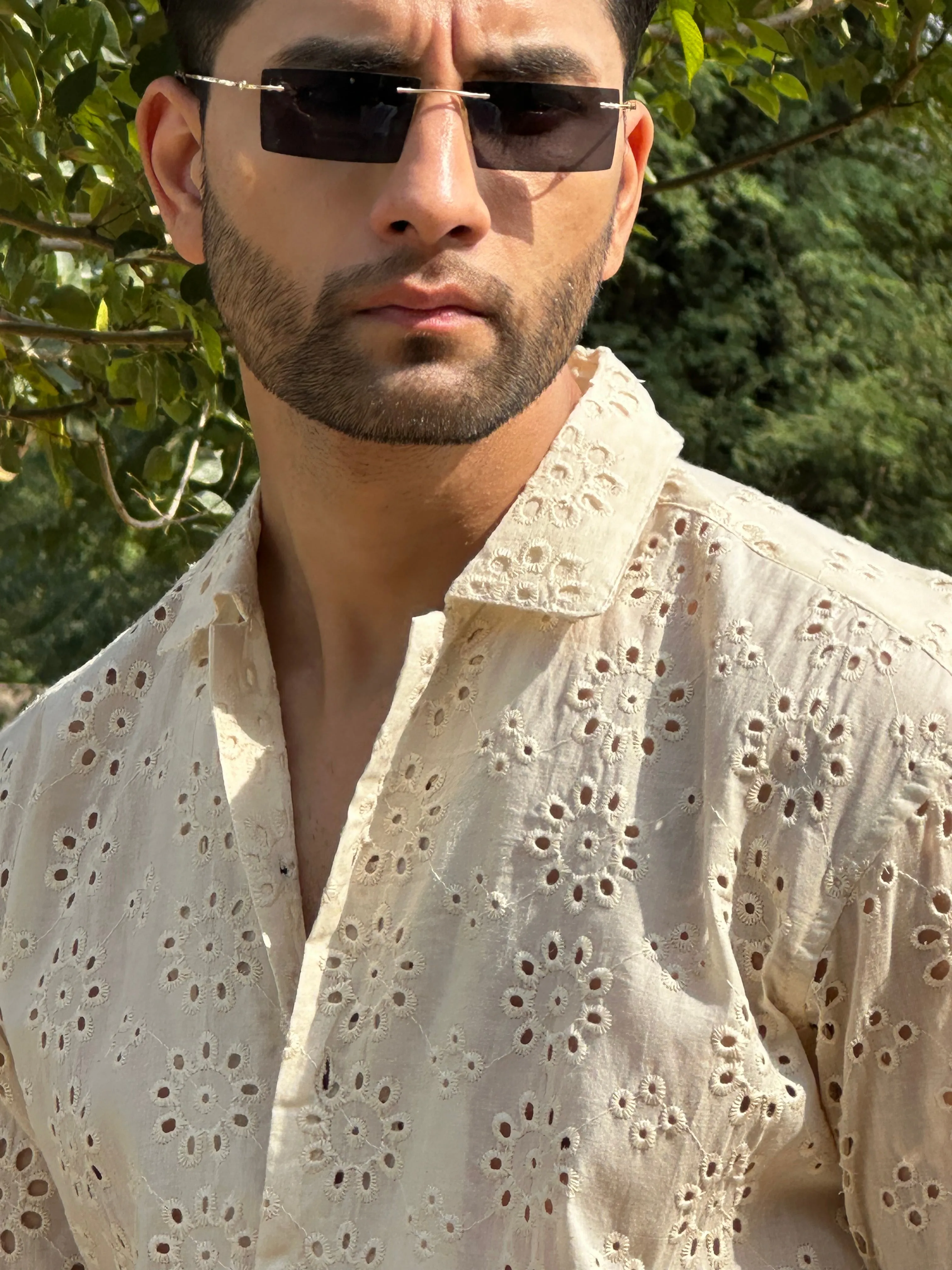CUTWORK EMBROIDERY SHIRT IVORY OFF-WHITE WITH CUBAN COLLAR