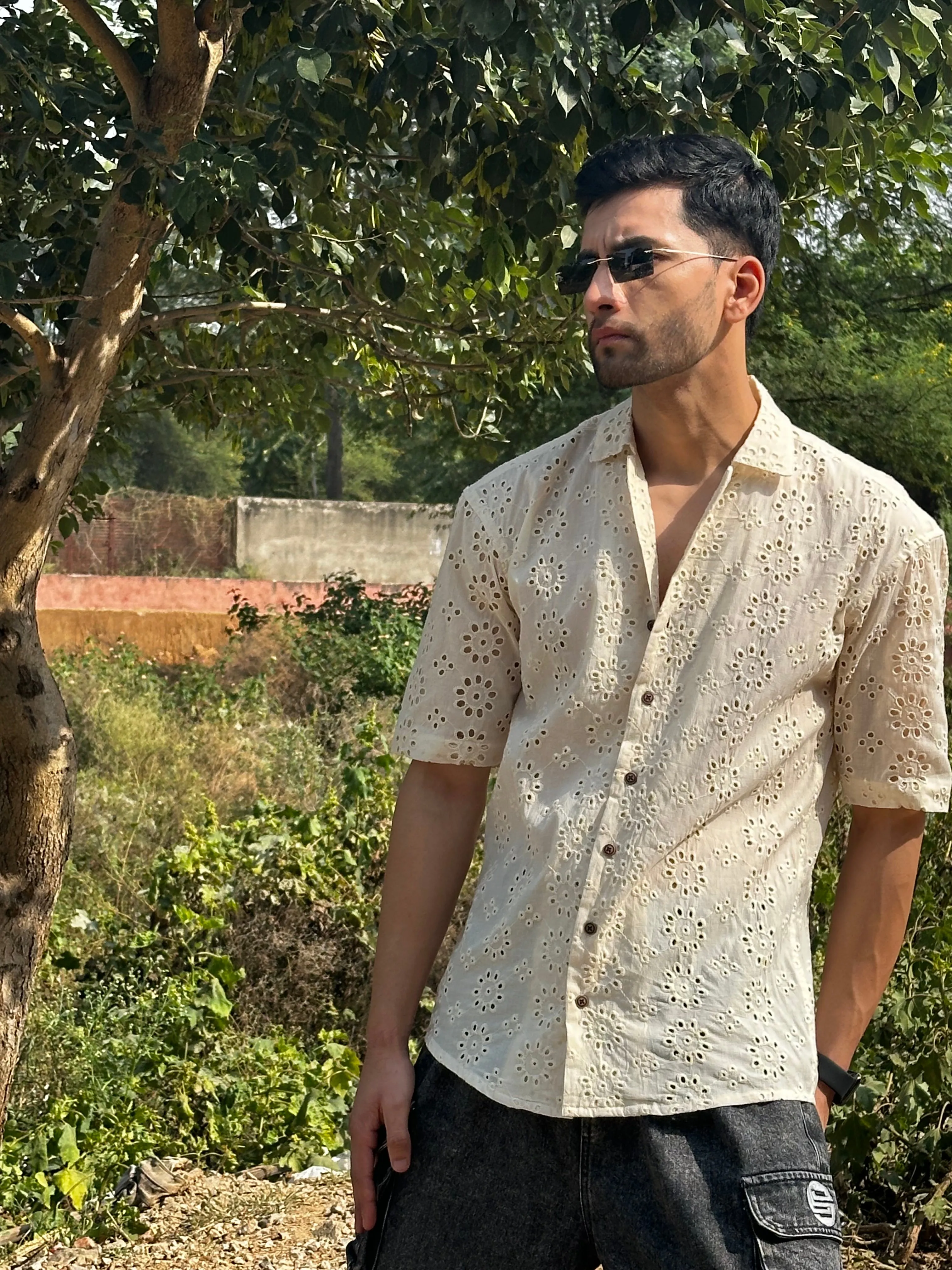 CUTWORK EMBROIDERY SHIRT IVORY OFF-WHITE WITH CUBAN COLLAR