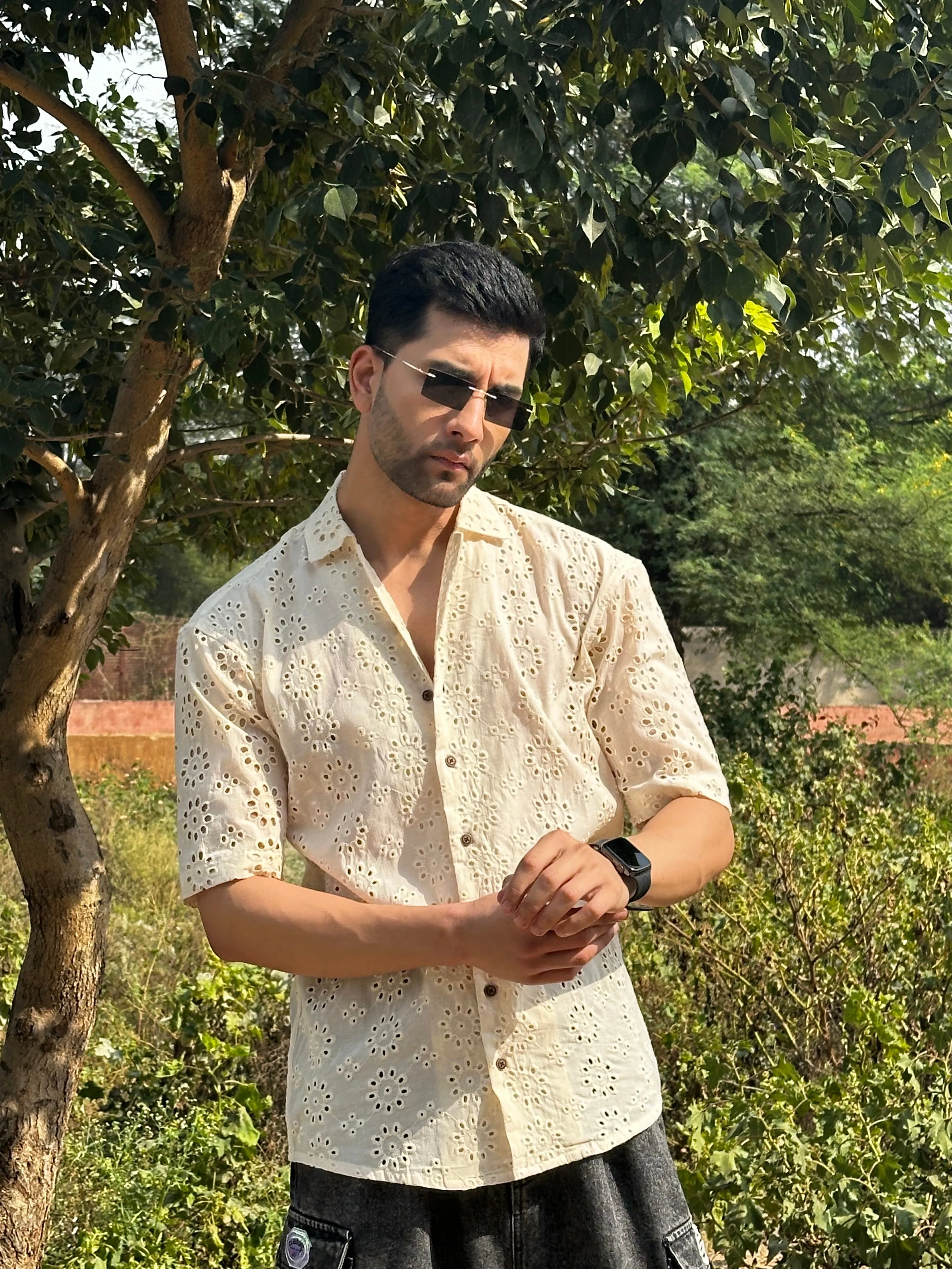 CUTWORK EMBROIDERY SHIRT IVORY OFF-WHITE WITH CUBAN COLLAR