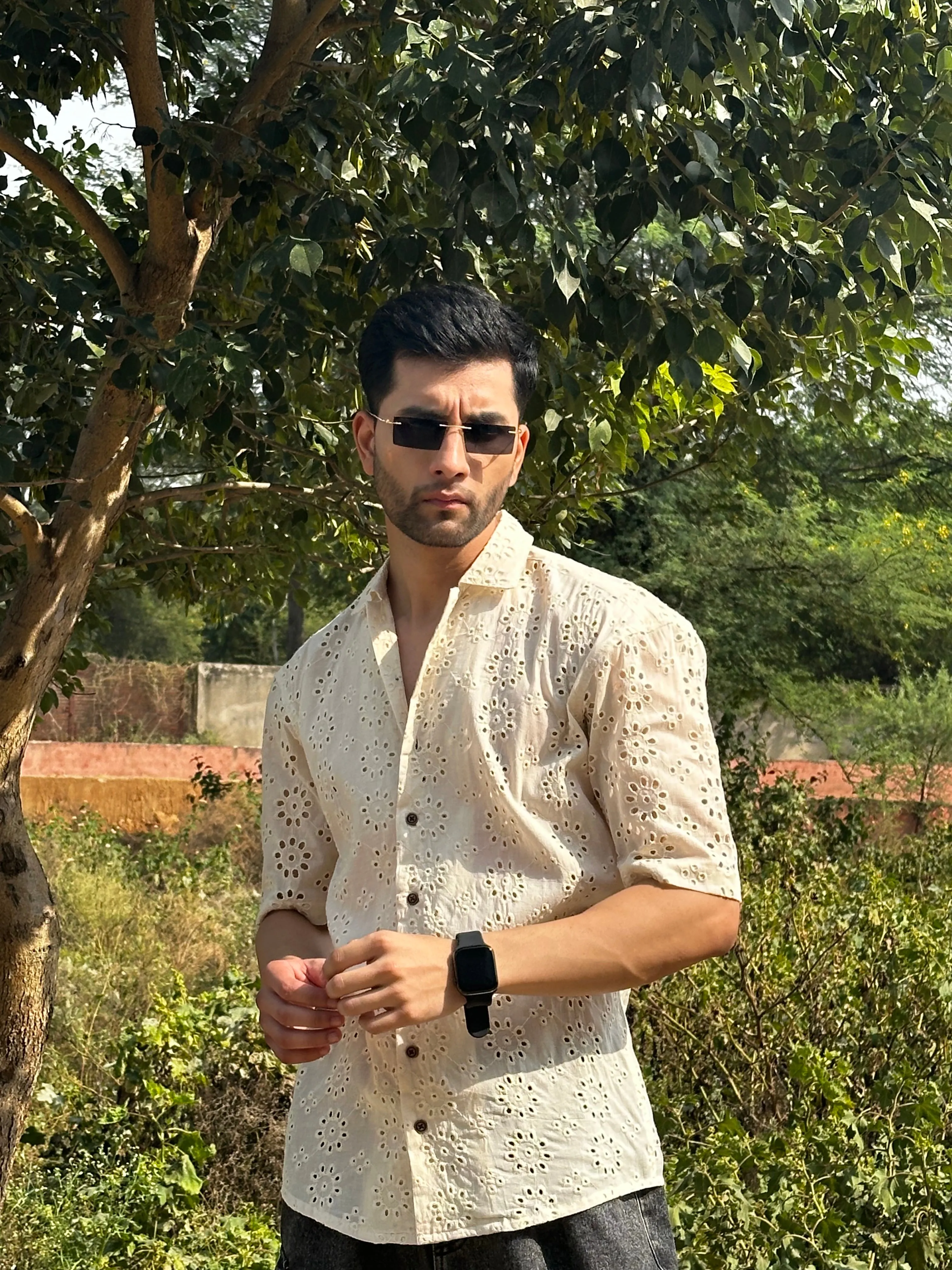 CUTWORK EMBROIDERY SHIRT IVORY OFF-WHITE WITH CUBAN COLLAR