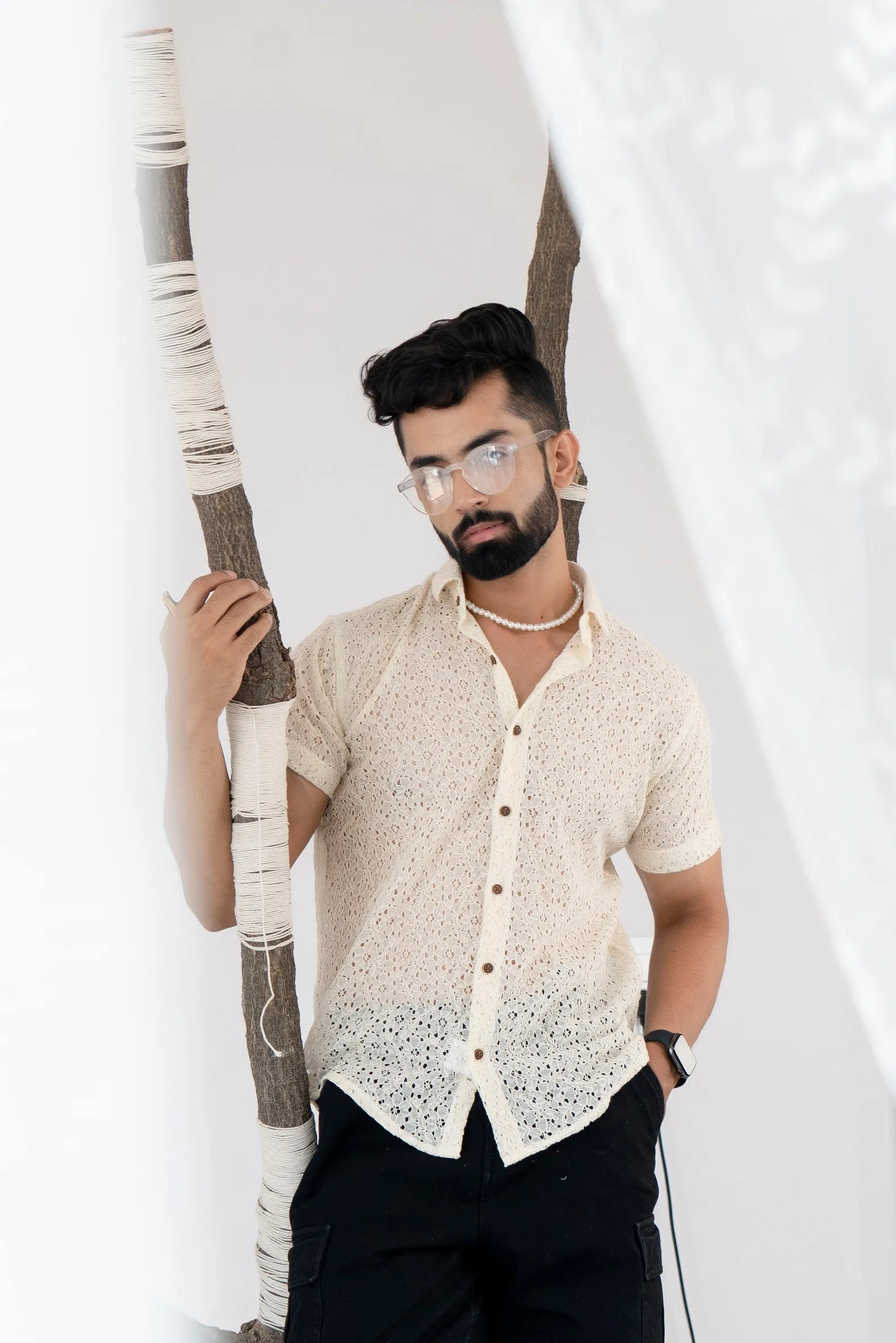 Firangi Yarn Crochet Cotton Off White Ivory Lace Shirt For Men