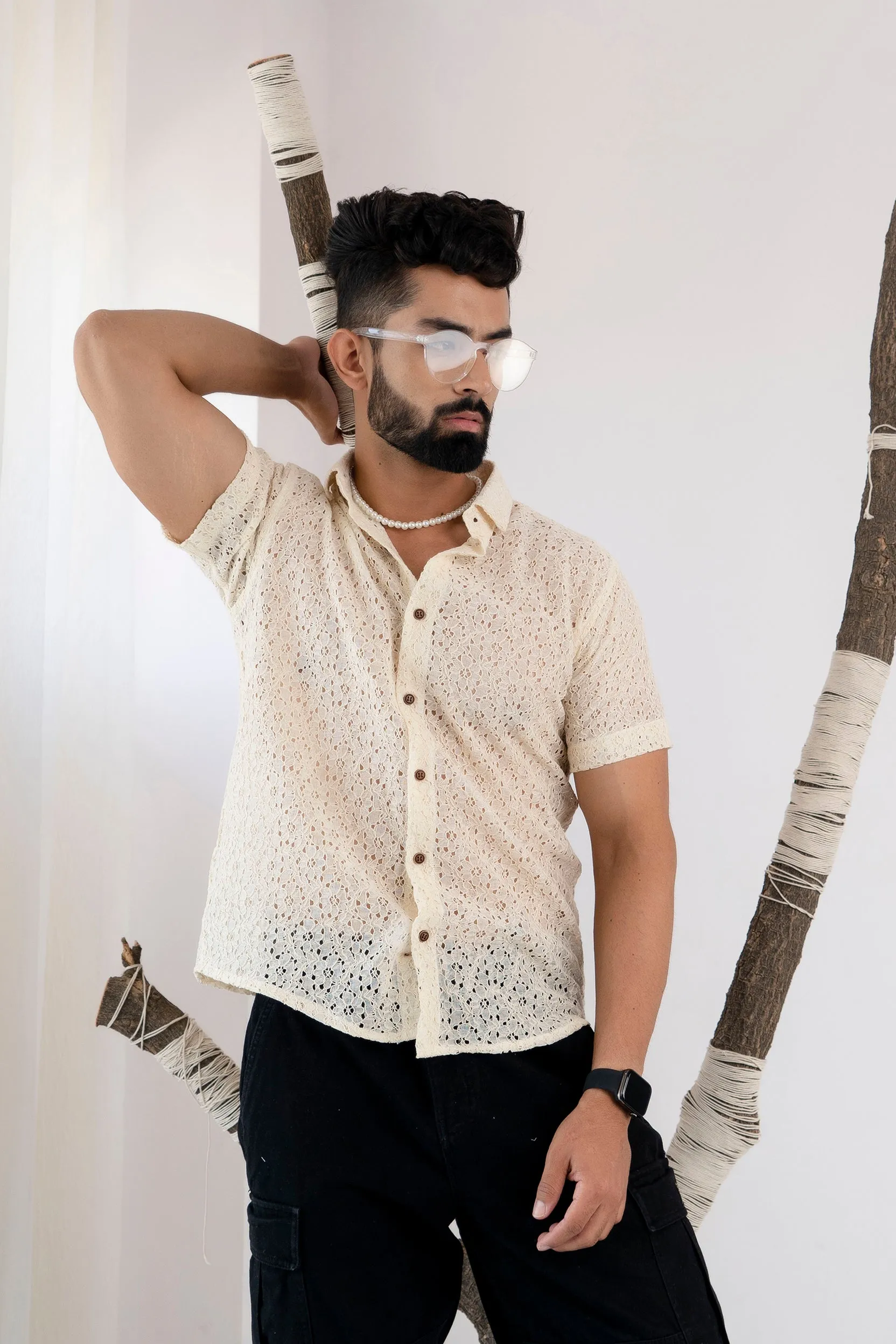 Firangi Yarn Crochet Cotton Off White Ivory Lace Shirt For Men