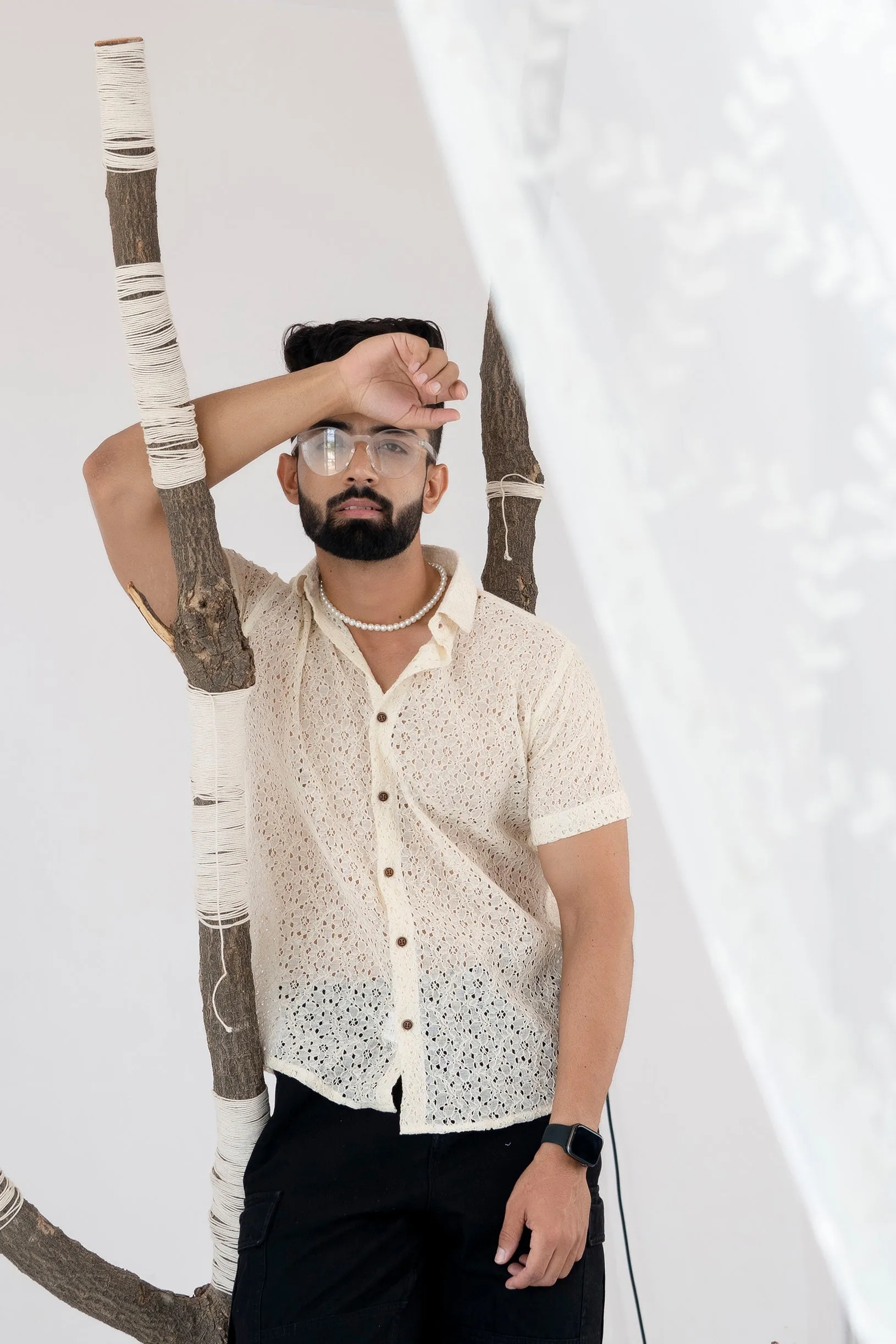 Firangi Yarn Crochet Cotton Off White Ivory Lace Shirt For Men