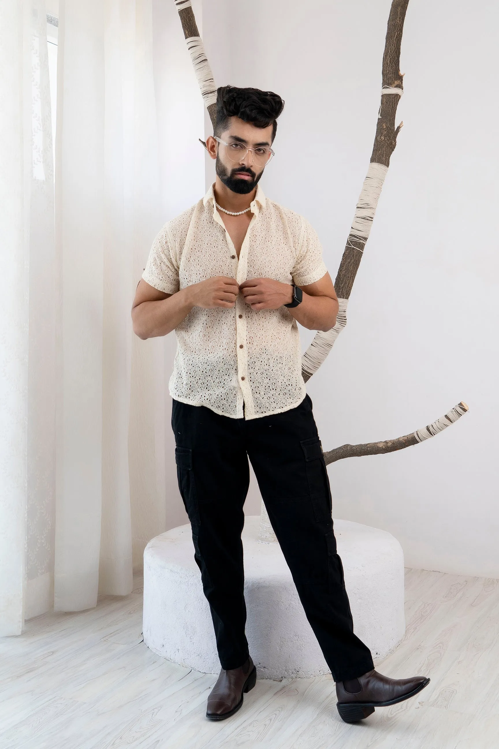 Firangi Yarn Crochet Cotton Off White Ivory Lace Shirt For Men