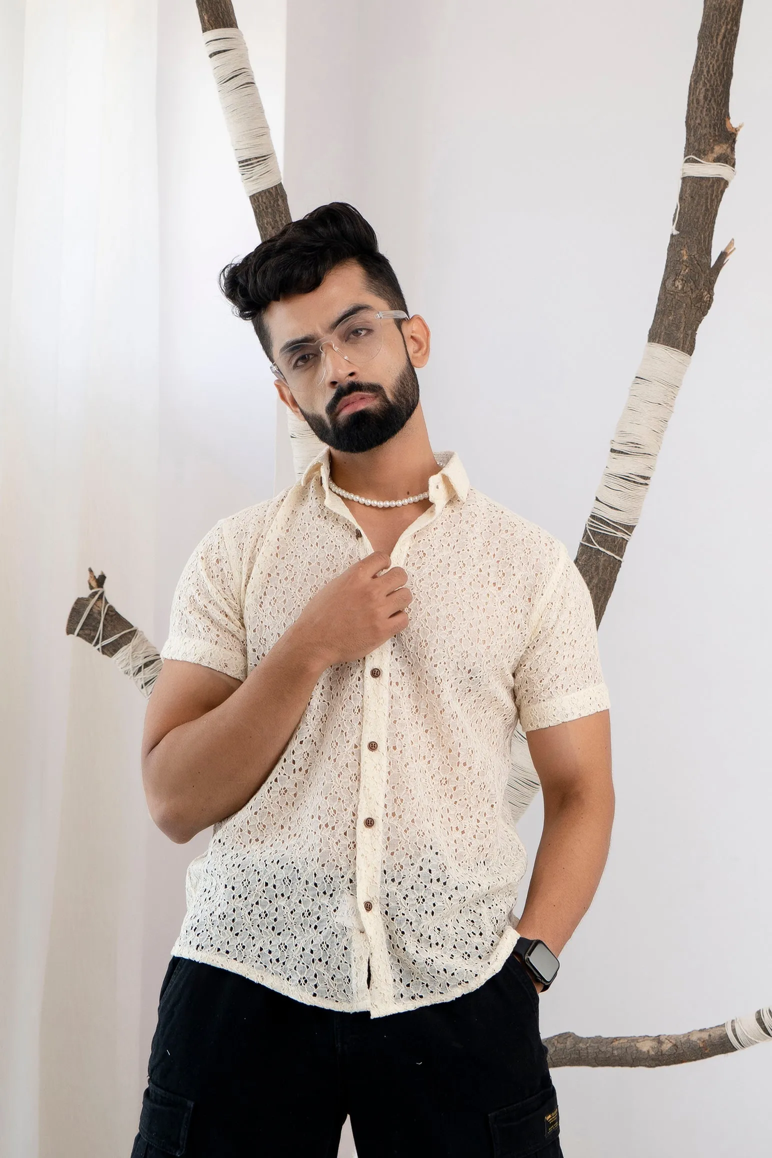 Firangi Yarn Crochet Cotton Off White Ivory Lace Shirt For Men
