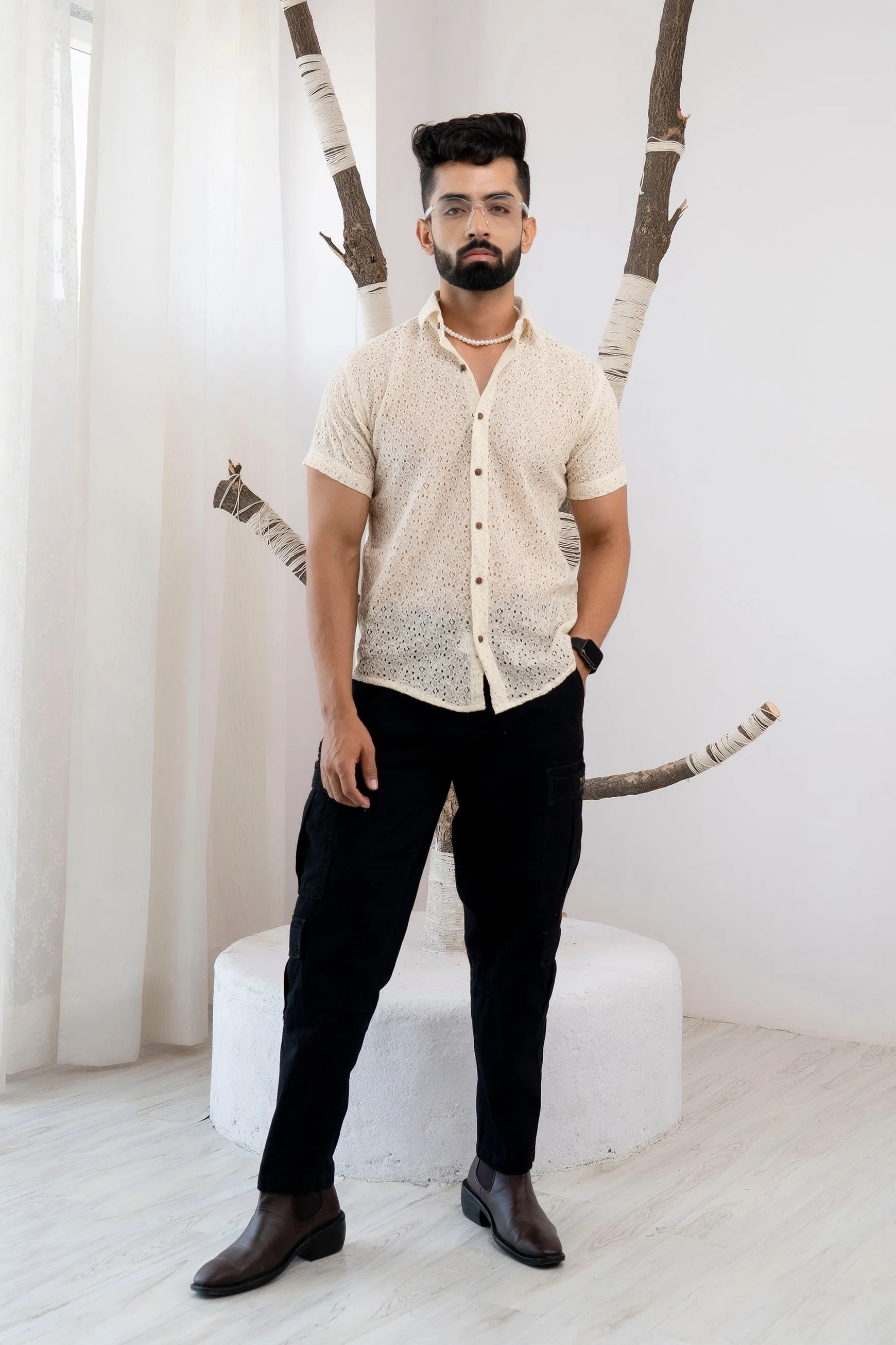 Firangi Yarn Crochet Cotton Off White Ivory Lace Shirt For Men