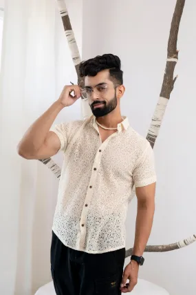Firangi Yarn Crochet Cotton Off White Ivory Lace Shirt For Men