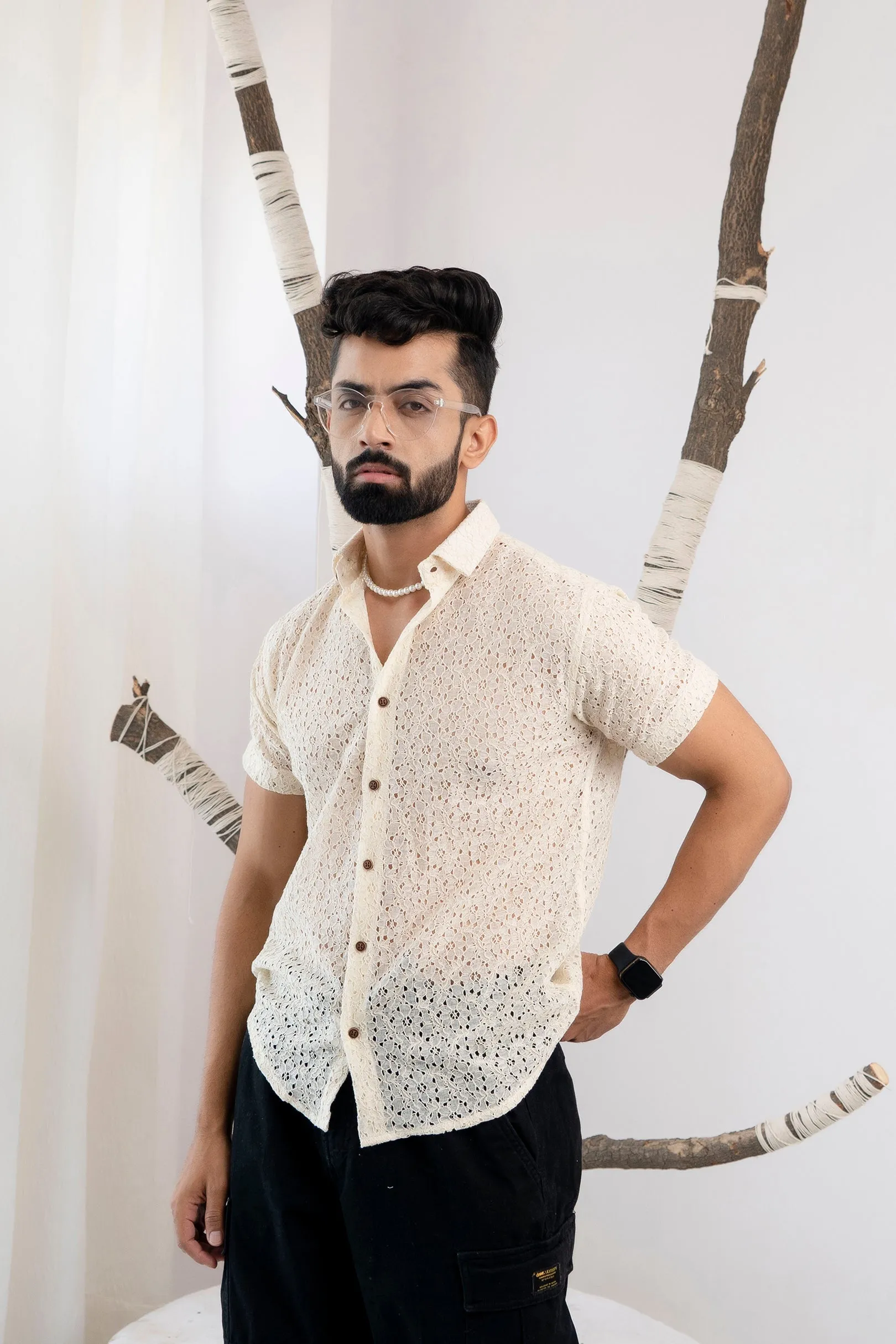 Firangi Yarn Crochet Cotton Off White Ivory Lace Shirt For Men