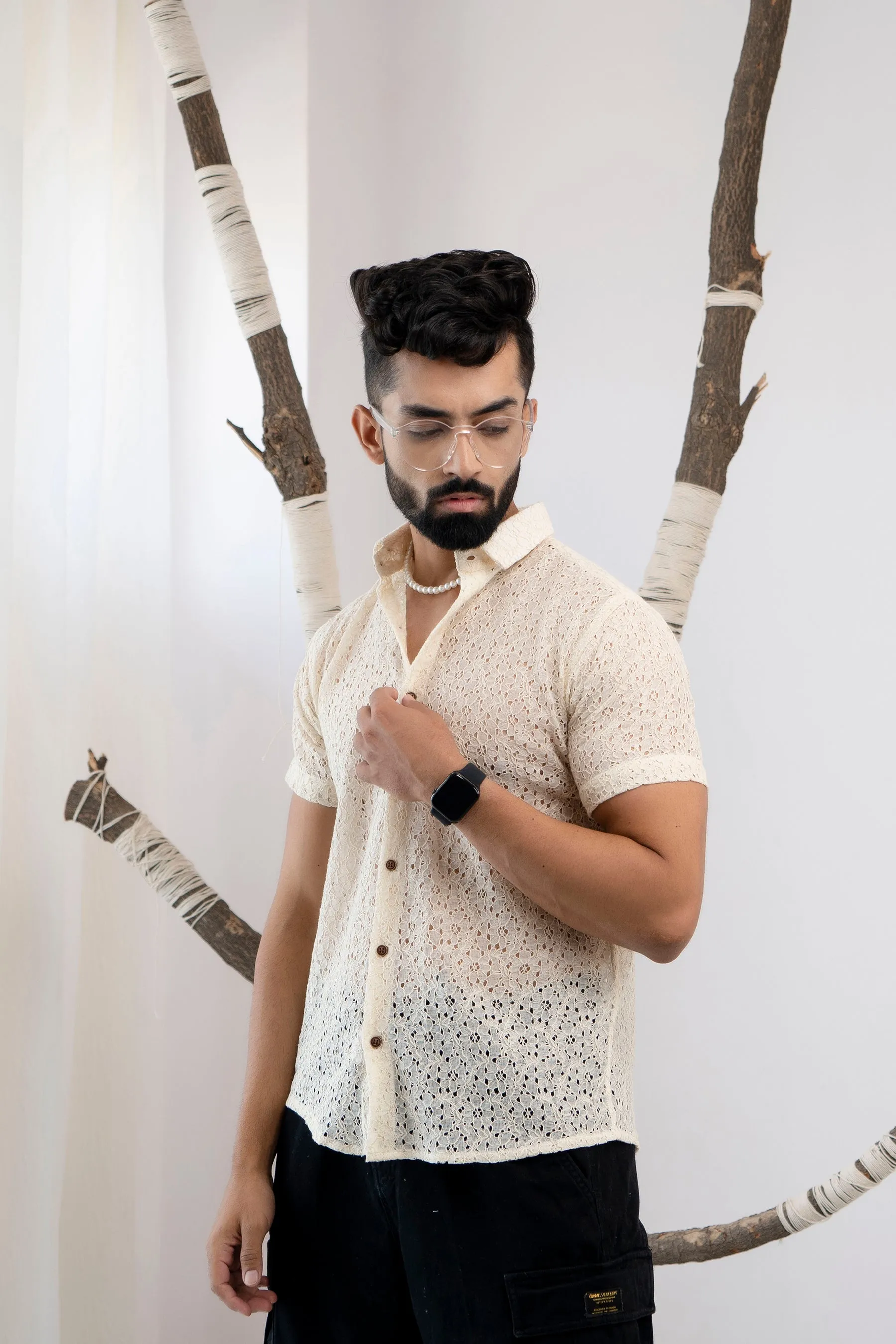 Firangi Yarn Crochet Cotton Off White Ivory Lace Shirt For Men