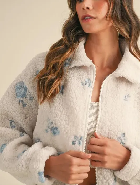 Floral Embroidered Fleece Teddy Jacket