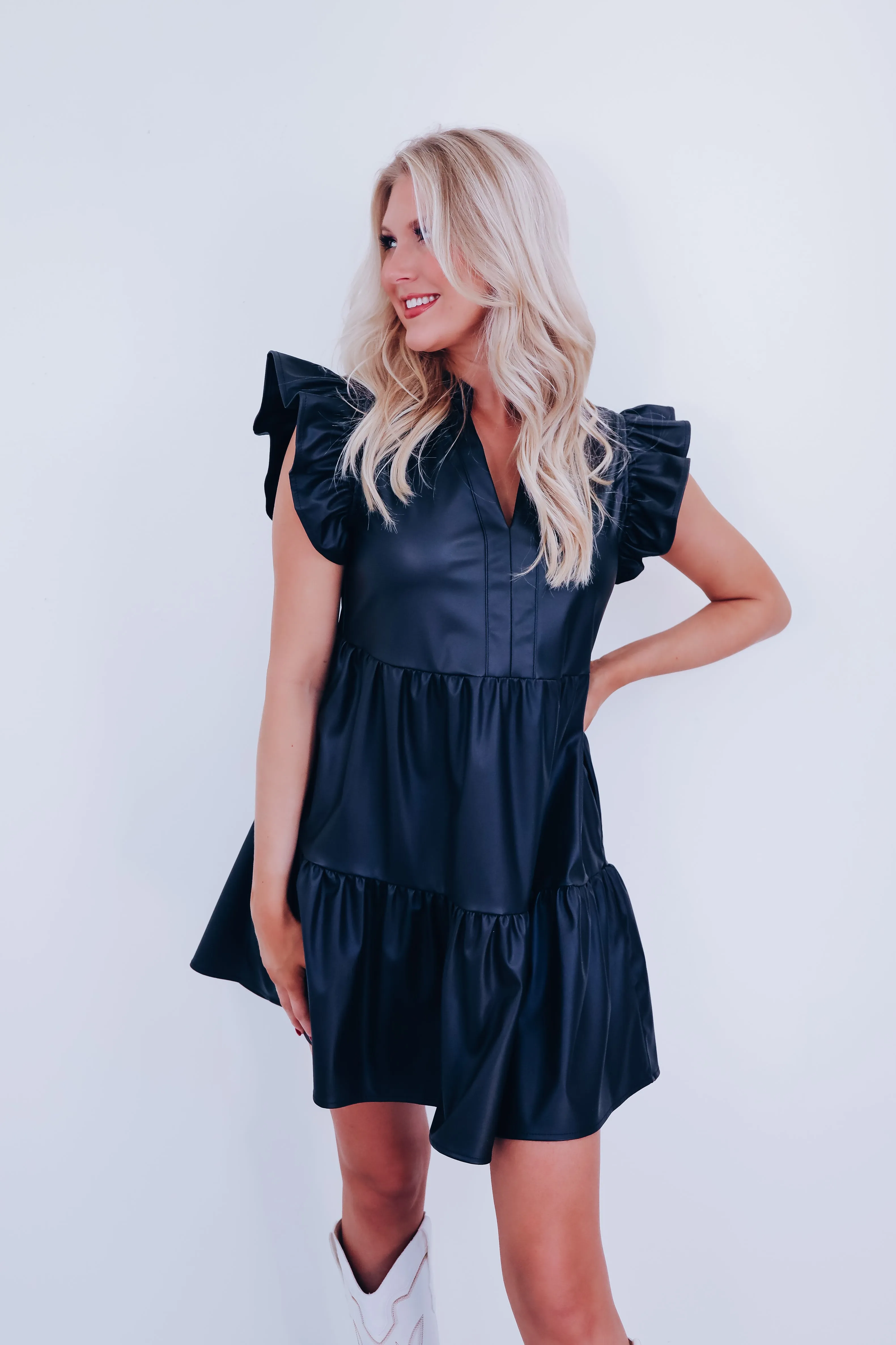 Frisco Faux Leather Babydoll Dress - Black