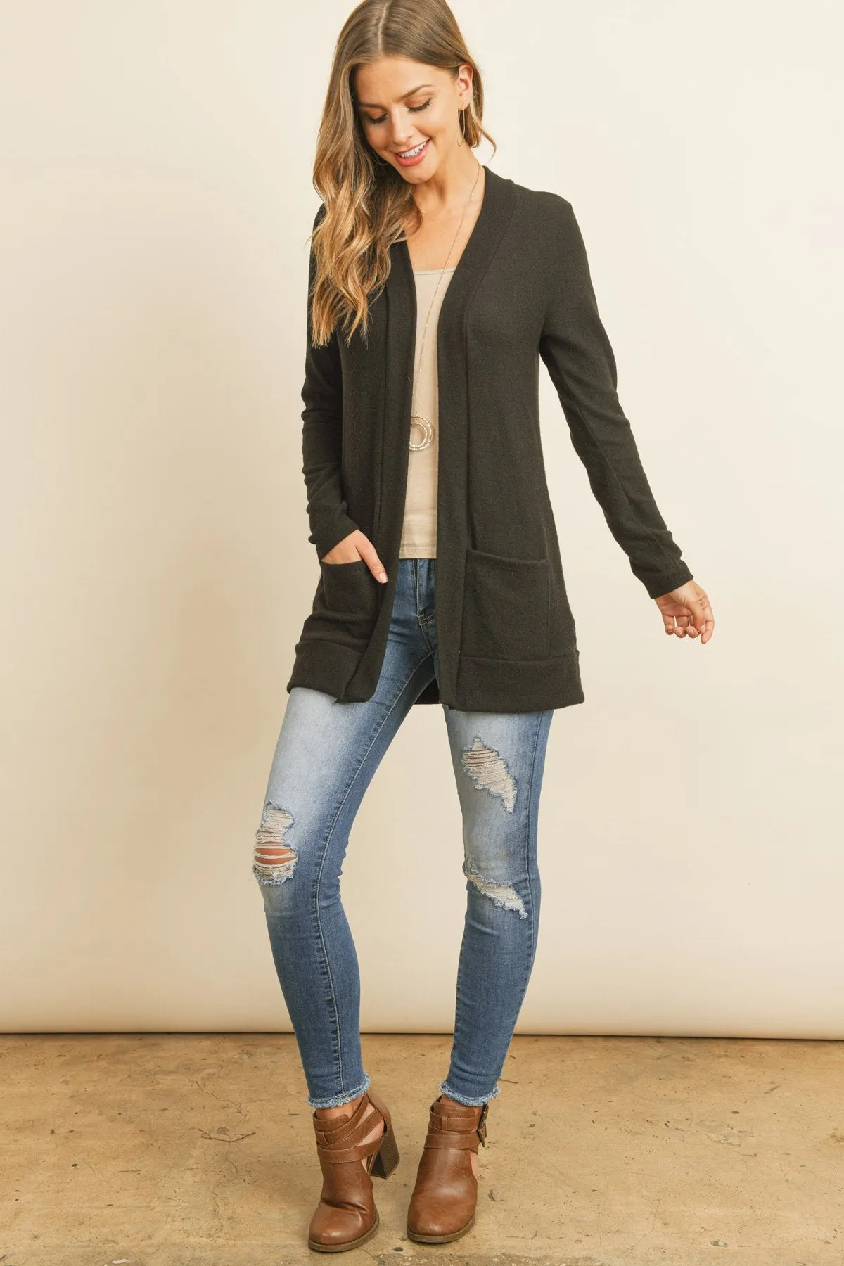 Hacci Brushed Open Front Cardigan