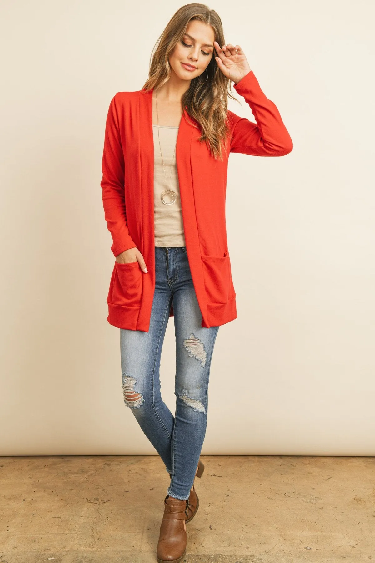 Hacci Brushed Open Front Cardigan