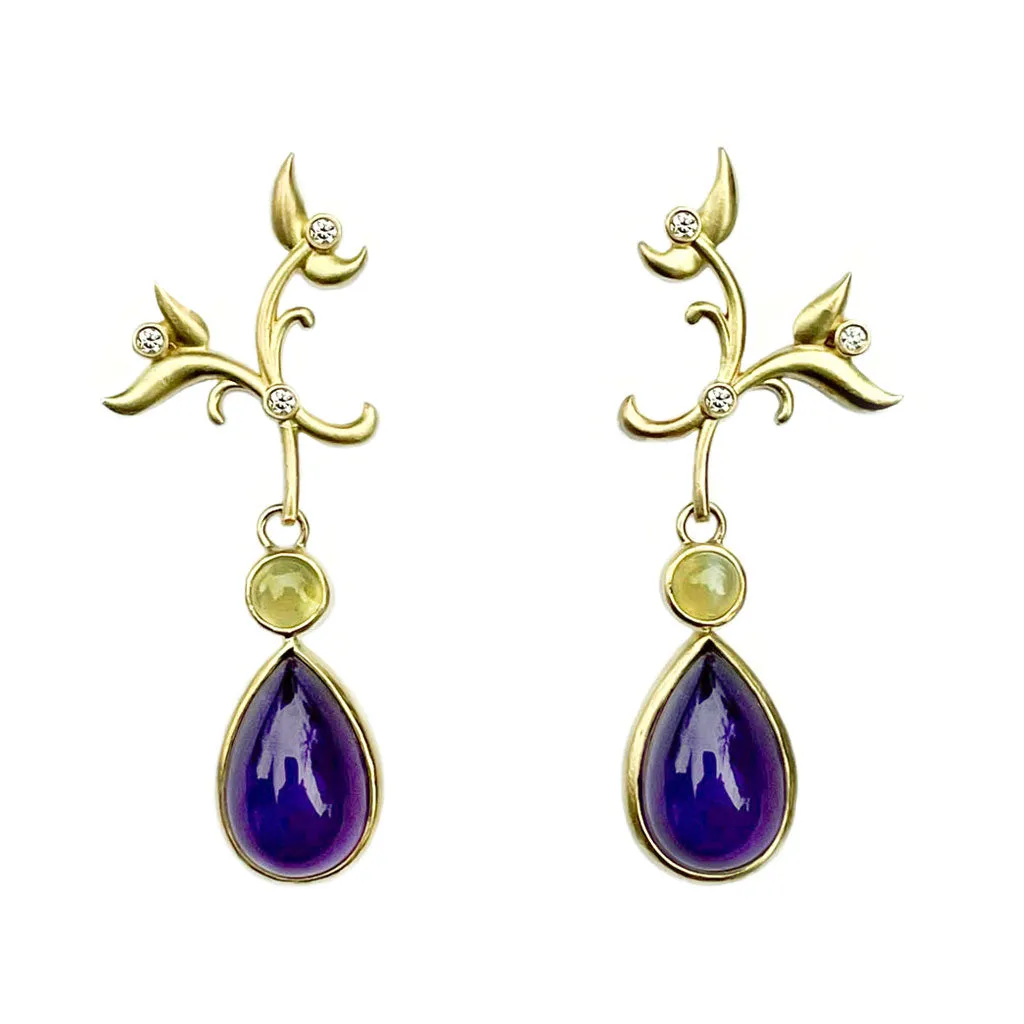 Leaf Amethyst, Chrysoberyl and Diamond Drop Earrings