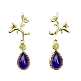 Leaf Amethyst, Chrysoberyl and Diamond Drop Earrings