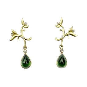 Leaf Yellow Gold, Green Tourmaline and Diamond Drop Earrings