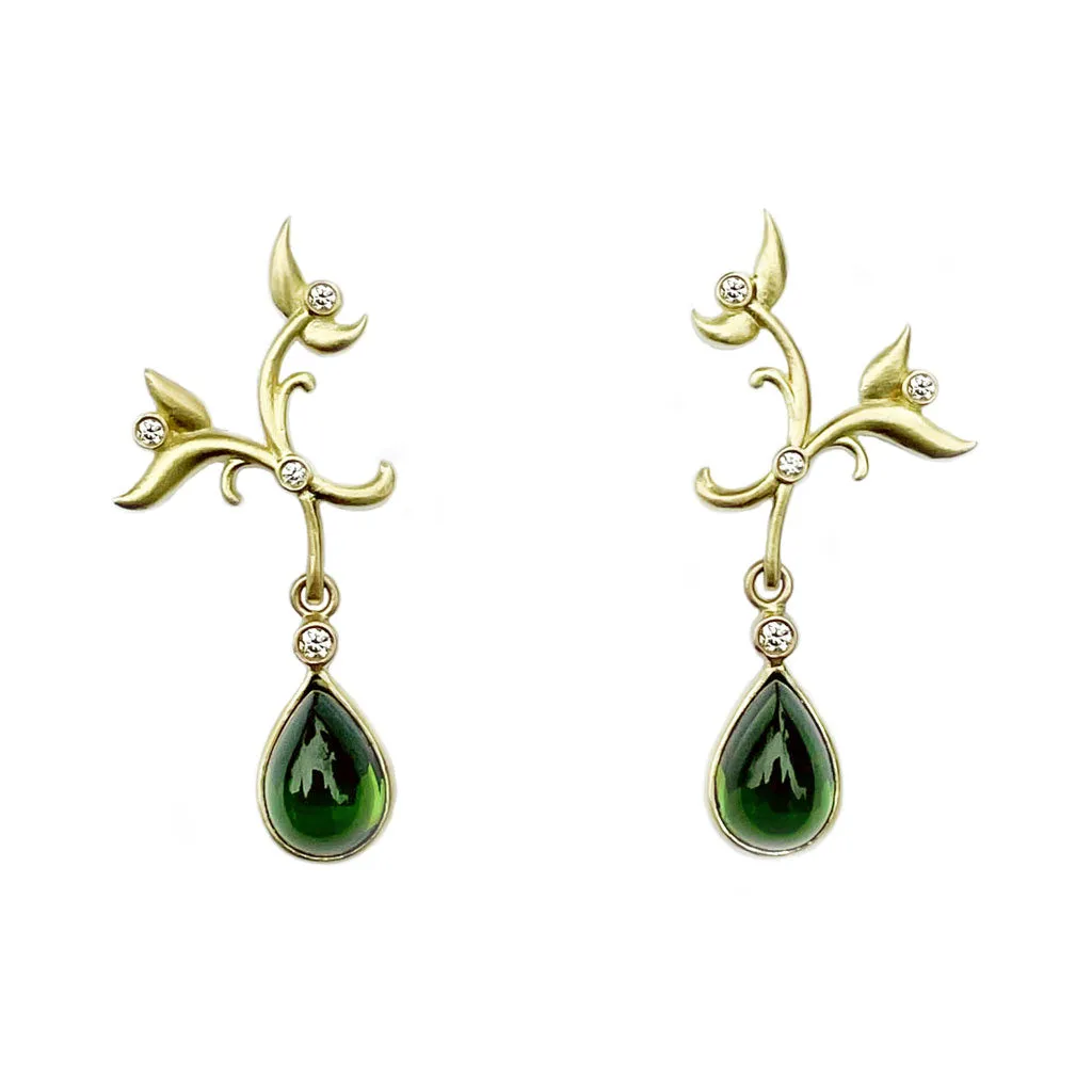 Leaf Yellow Gold, Green Tourmaline and Diamond Drop Earrings