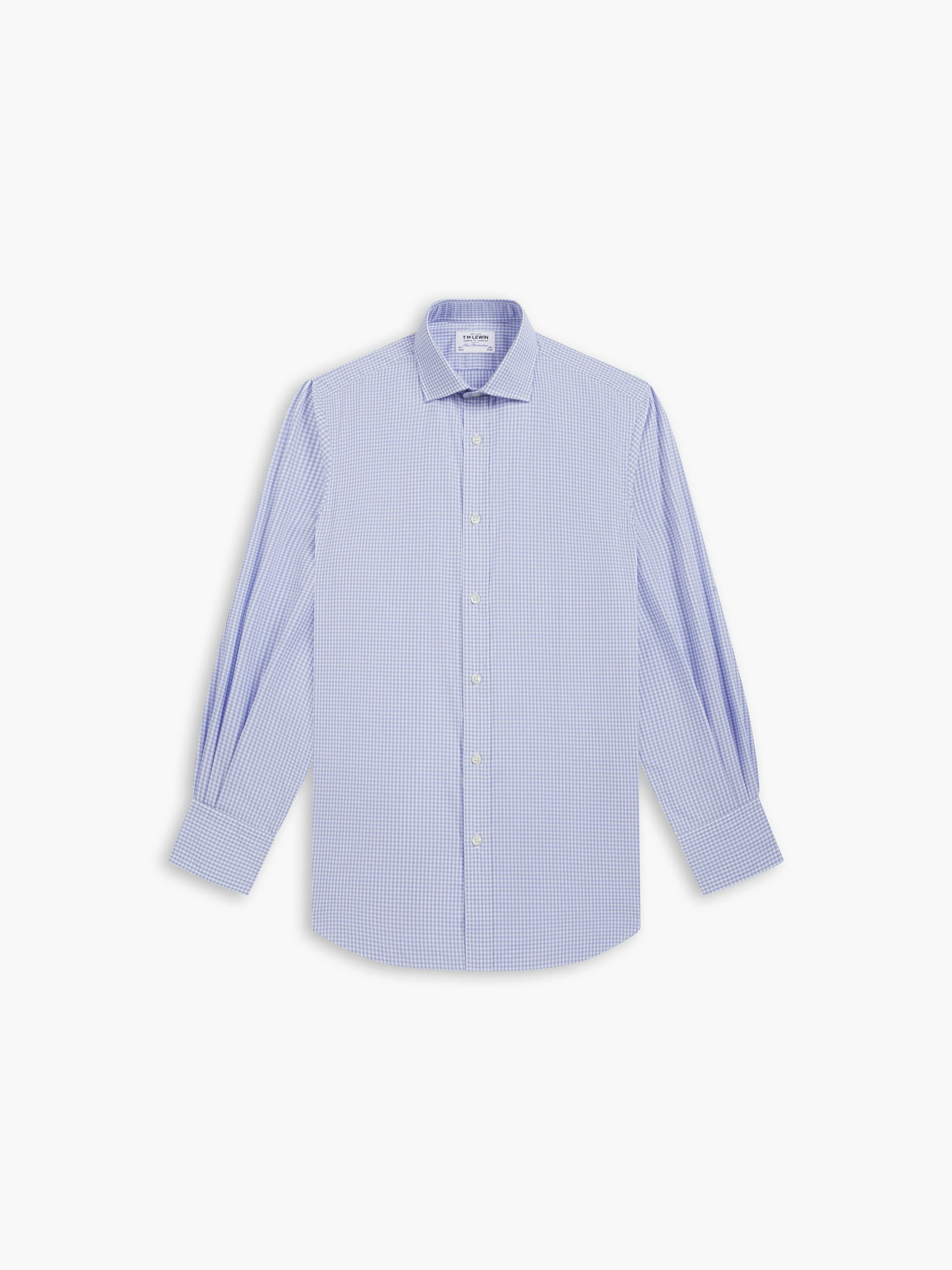 Light Blue Small Gingham Poplin Fitted Single Cuff Classic Collar Shirt