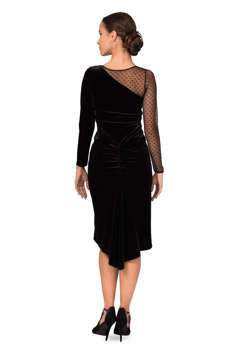 Long-Sleeve Velvet Fishtail Dress With Tulle Details