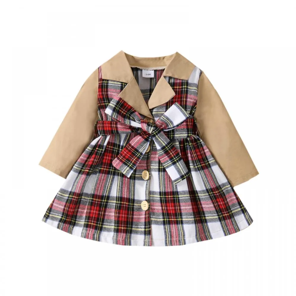 Mommbaby Christmas Autumn and Winter Plaid Stitching Trench Coat Girls Dress Kids Clothes