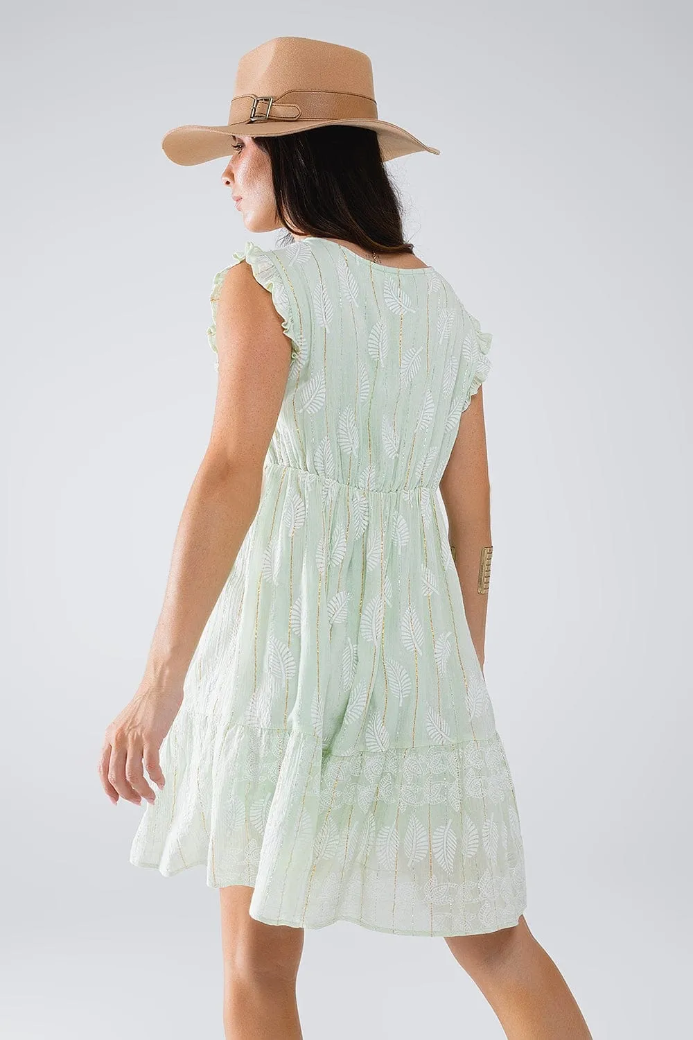 Short Babydoll Dress With Leaf Print And Lurex Thread In Mint