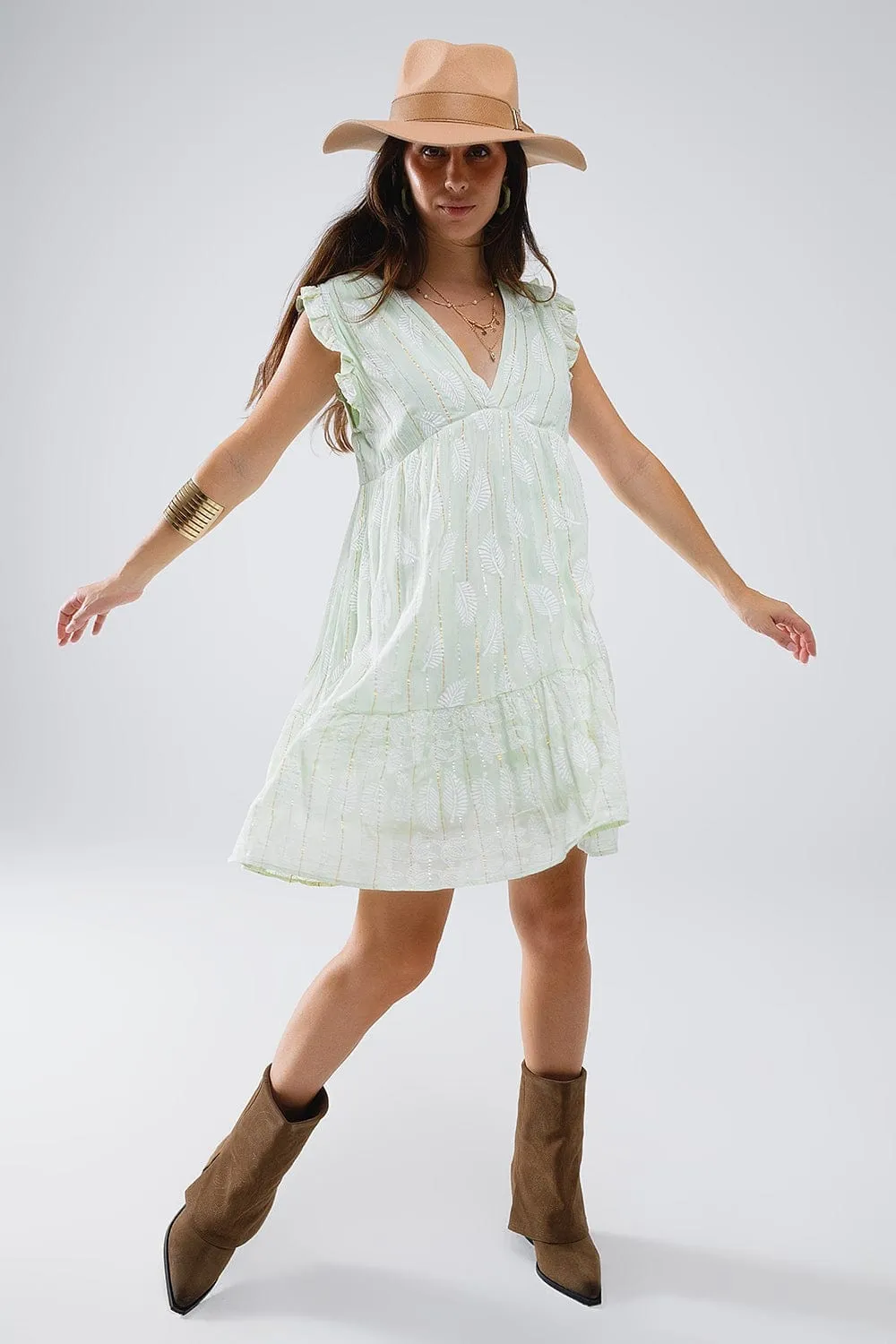 Short Babydoll Dress With Leaf Print And Lurex Thread In Mint