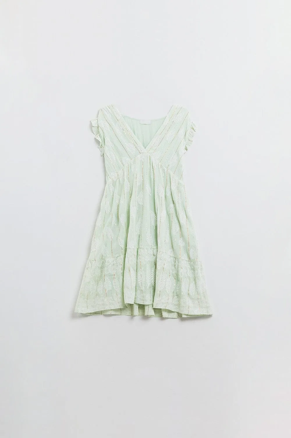 Short Babydoll Dress With Leaf Print And Lurex Thread In Mint