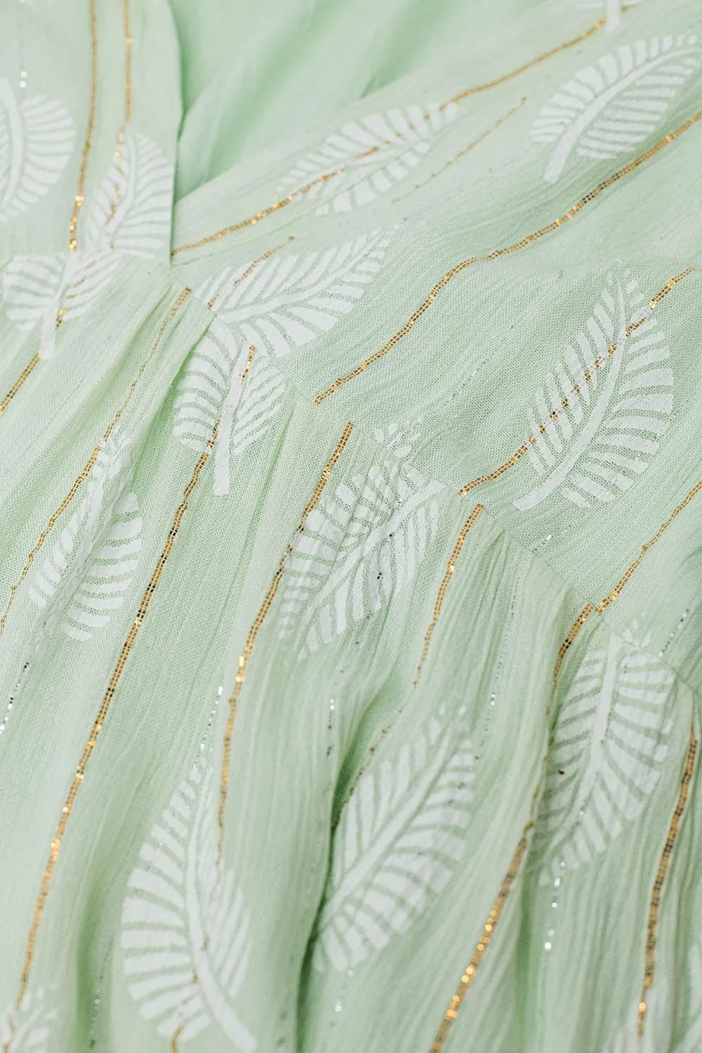Short Babydoll Dress With Leaf Print And Lurex Thread In Mint
