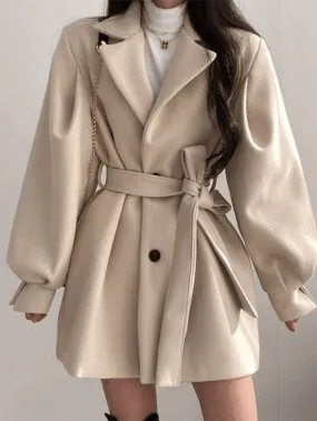 Wenkouban-Spring Casual Outfits Y2K Outfits Puff Sleeve Belted Woolen Coat