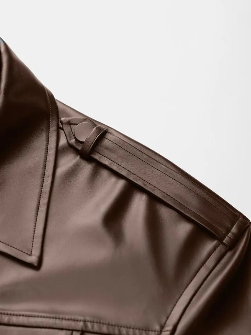 YOZY Christmas Deals Women'S Solid Color Button Front Drawstring PU Leather Trench Coat, Casual Long Sleeve Collared Pocket Coat for Spring & Fall, Christmas 2024 Trend, Christmas Clothes, Fall&Winter Clothes, Christmas Gift Ideas