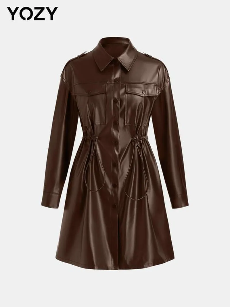 YOZY Christmas Deals Women'S Solid Color Button Front Drawstring PU Leather Trench Coat, Casual Long Sleeve Collared Pocket Coat for Spring & Fall, Christmas 2024 Trend, Christmas Clothes, Fall&Winter Clothes, Christmas Gift Ideas