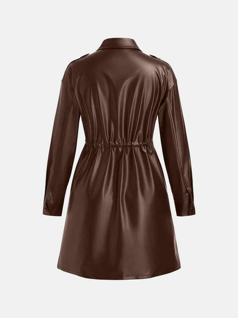 YOZY Christmas Deals Women'S Solid Color Button Front Drawstring PU Leather Trench Coat, Casual Long Sleeve Collared Pocket Coat for Spring & Fall, Christmas 2024 Trend, Christmas Clothes, Fall&Winter Clothes, Christmas Gift Ideas